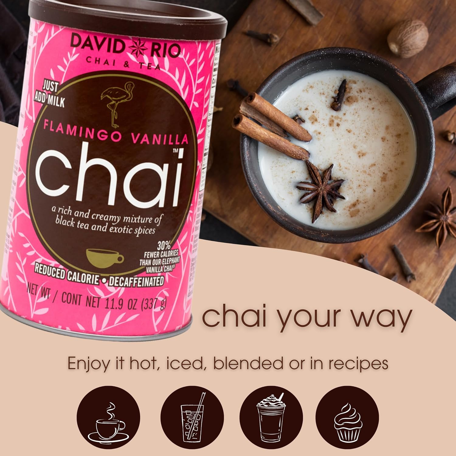 Flamingo Vanilla Decaffeinated Reduced Calorie Chai Tea Latte Mix, 48 Oz, Decaf Black Tea, Organic Spices, Sugar Free, Dairy Free, Serve Hot or Cold, Just Add Water or Milk, 56 Servings