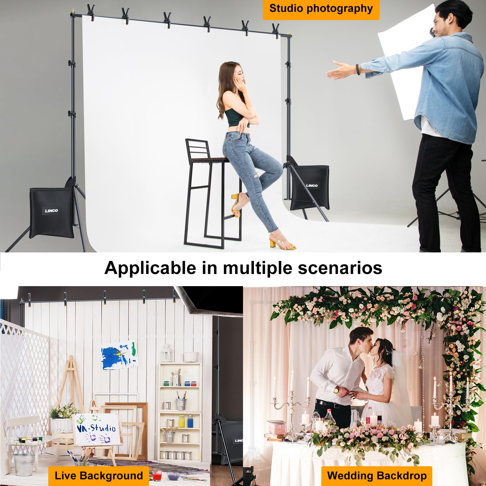 LINCO Kit fondale per feste, 3 x 2,1 m, regolabile, per studio fotografico | Telaio regolabile con morsetti, sacchetti di sabbia, borsa da trasporto per feste, decorazioni per eventi