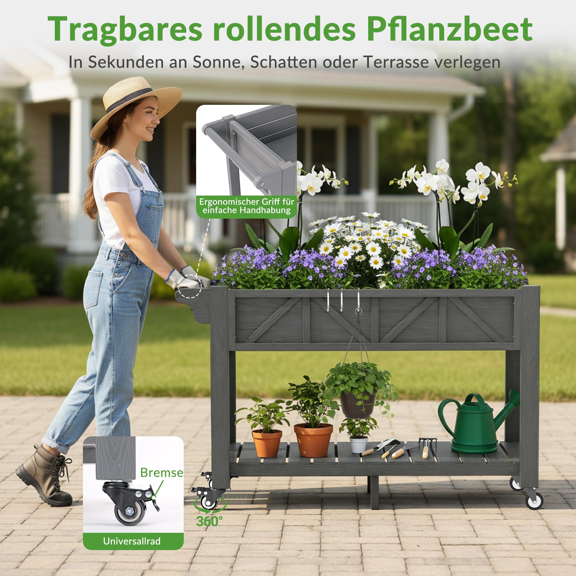 Hochbeet 120x44x70cm, Metall Hochbeet mit Rollen & Griff, 3 Haken & Vlieseinlage, Für Gemüse Blumen Kräuter, Garten Balkon Terrasse, Grau
