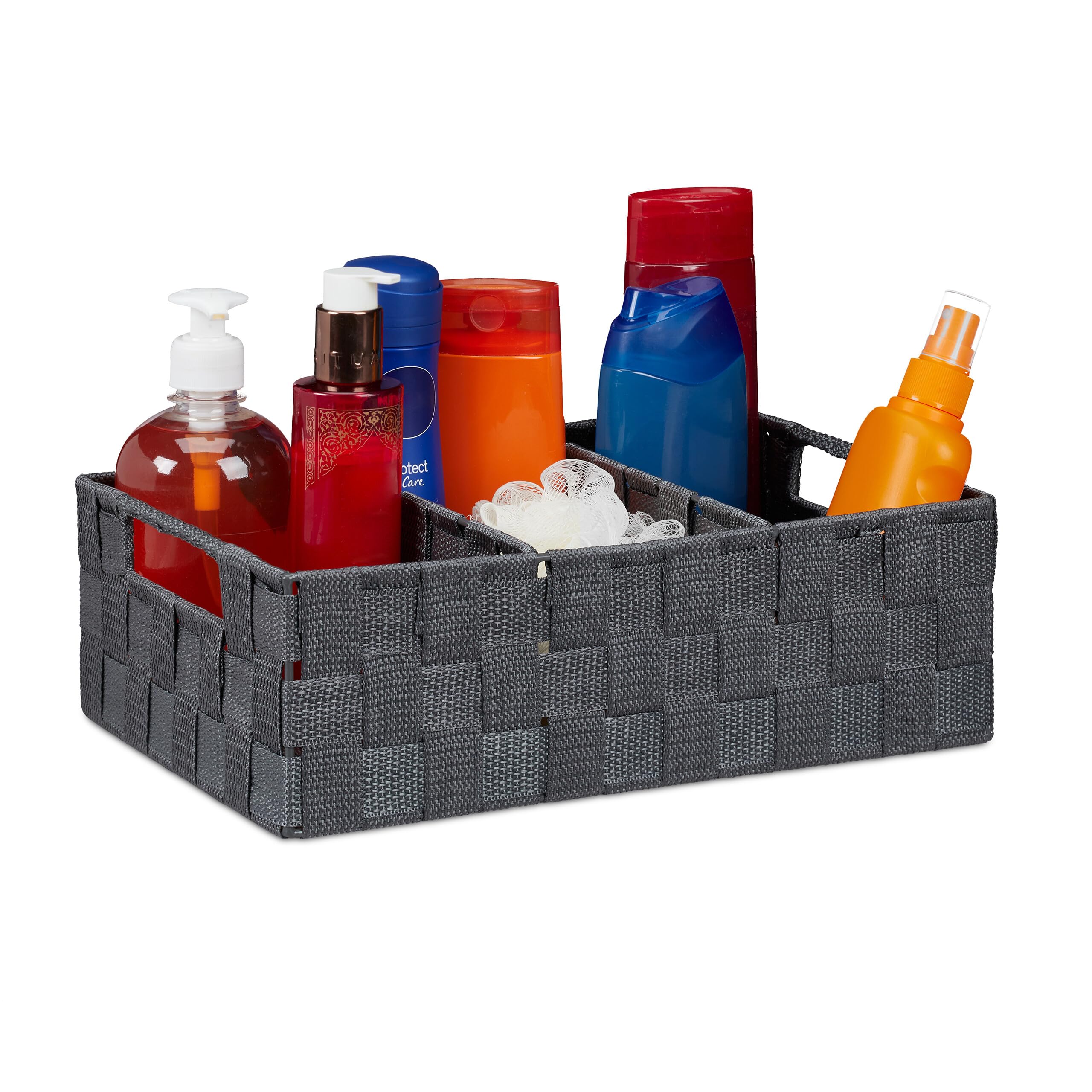 Relaxdays Storage Basket with Compartments, Bathroom Cosmetics Bin, Box, Handles, HWD: 10x32x21 cm, Grey