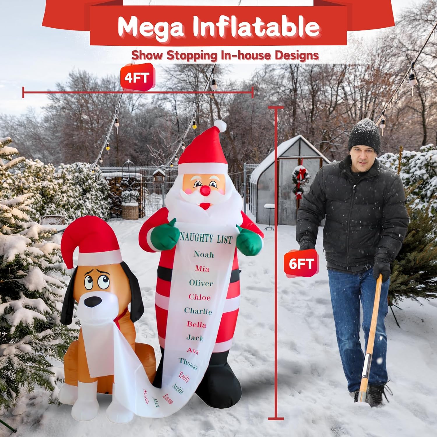 PTS 6FT Inflatable Santa with Dog Outdoor Decoration, Christmas Blow Up Yard Decorations, Built-in LED Lights Inflatables Xmas Holiday Funny Decor for Indoor Lawn Garden