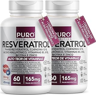 Kit 2 Resveratrol Trans 165 mg Puro Nutrition + Coenzima Q10, Ácido Hialurônico