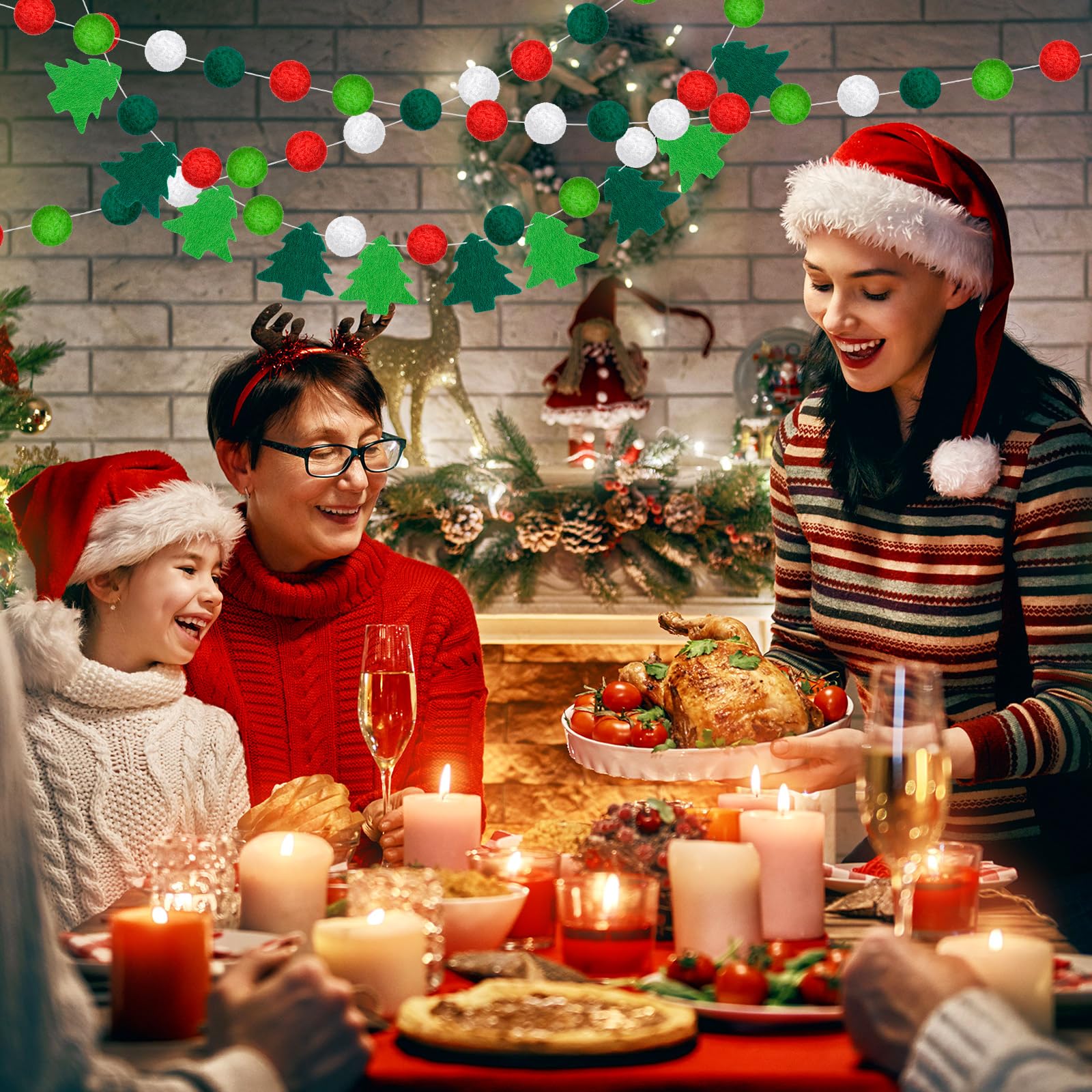 Preboun 5 Stück Weihnachten Filzball Girlande Weihnachtsbaum Pom Pom Girlande Bunte Filzkugeln Rot Weiß und Grün Pompon Perlen String Hängende Girlande Banner für Weihnachten Urlaub Wand Home Decor