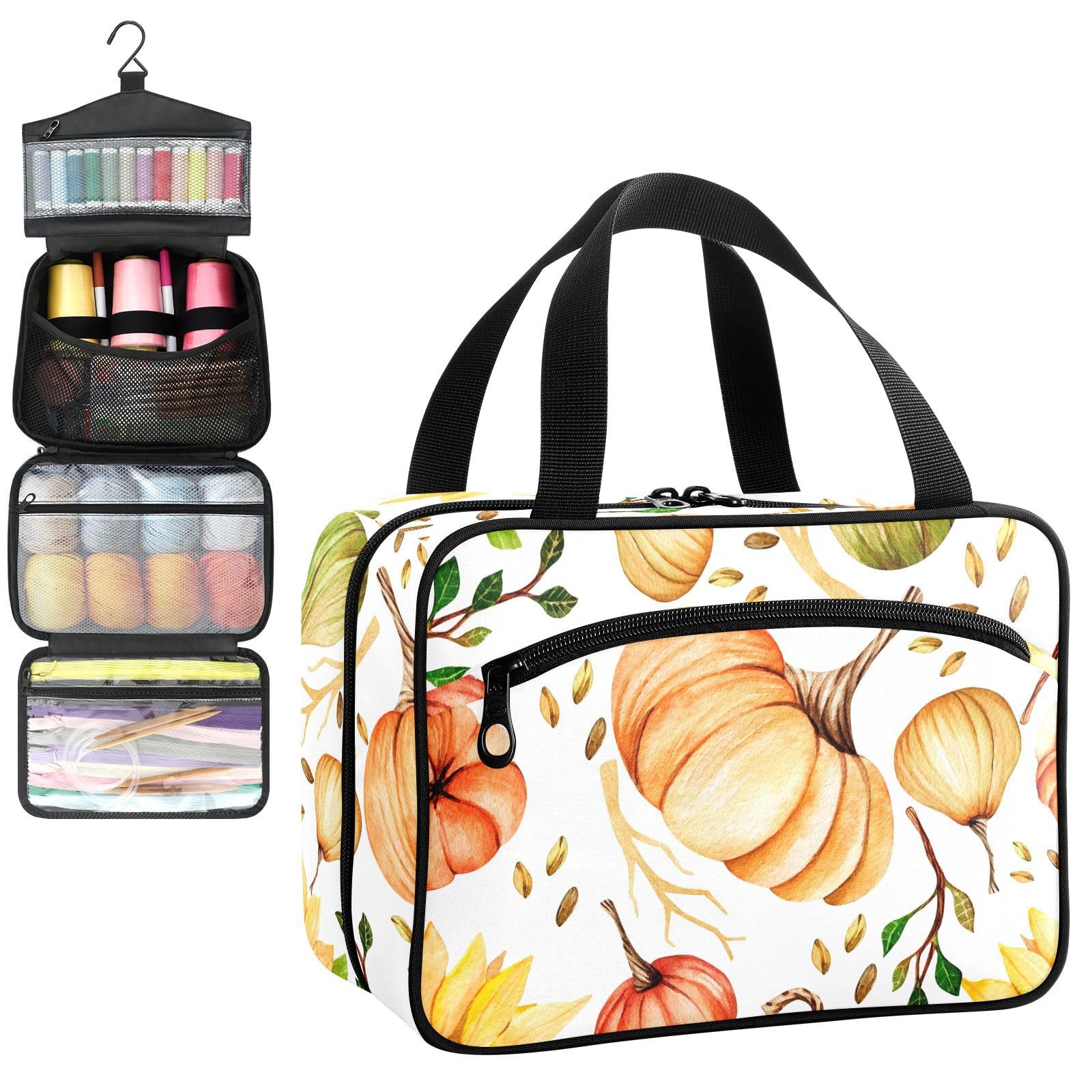 YNNALE Sewing Supply Organizer Bag, Fall Harvest Pumpkin Sunflower Watercolor Farmhouse Portable Sewing Bags with Pockets&Hanger, Sewing Storage Box Case for Sew Supplies/Kit/Tools/Accessories