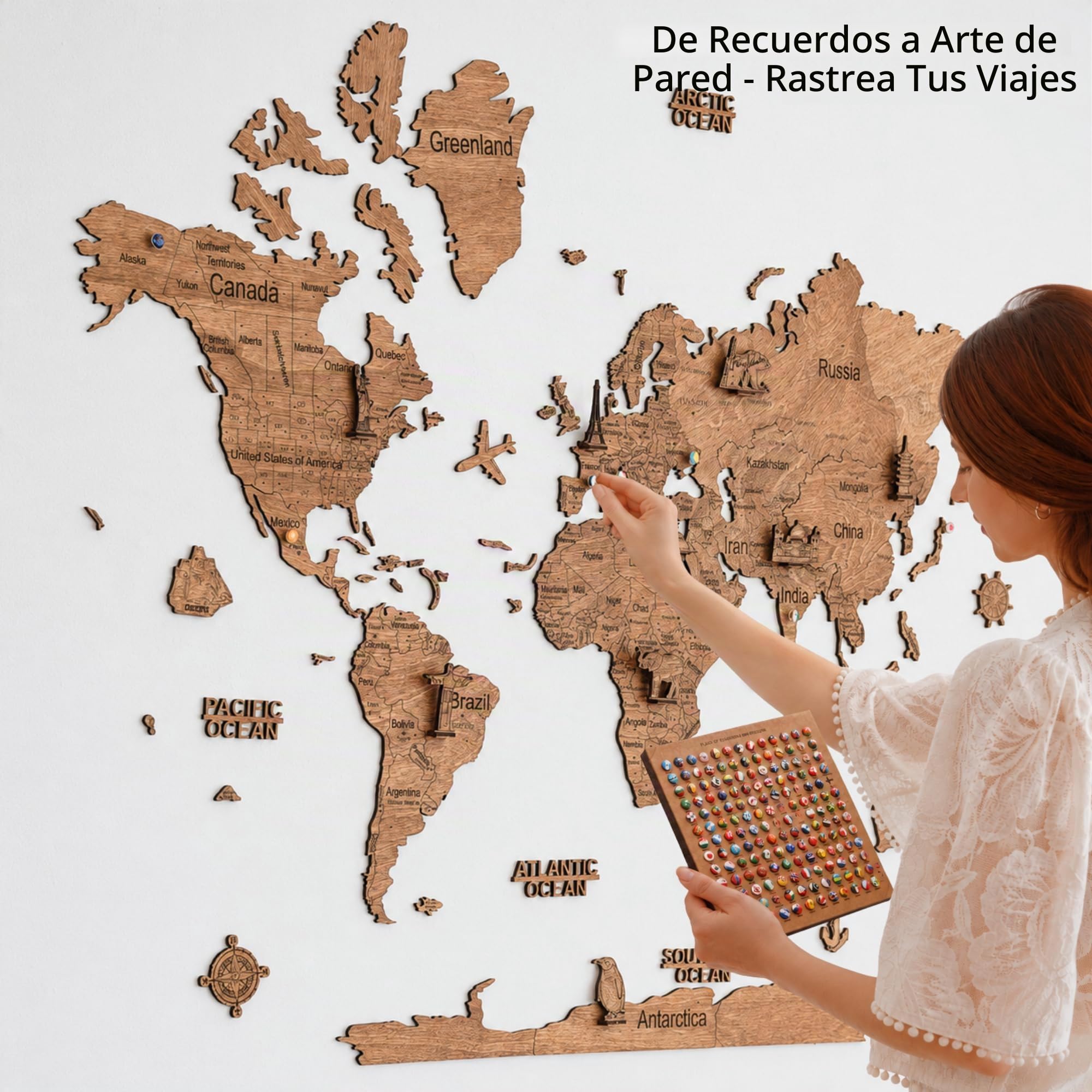 Creatifwood Mapa de Madera 2D para Pared – Mapamundi Decorativo | Planisferio de Pared | Decoración para Salón, Oficina o Dormitorio | Regalo para Viajeros (Dark, 80L x 55l cm)