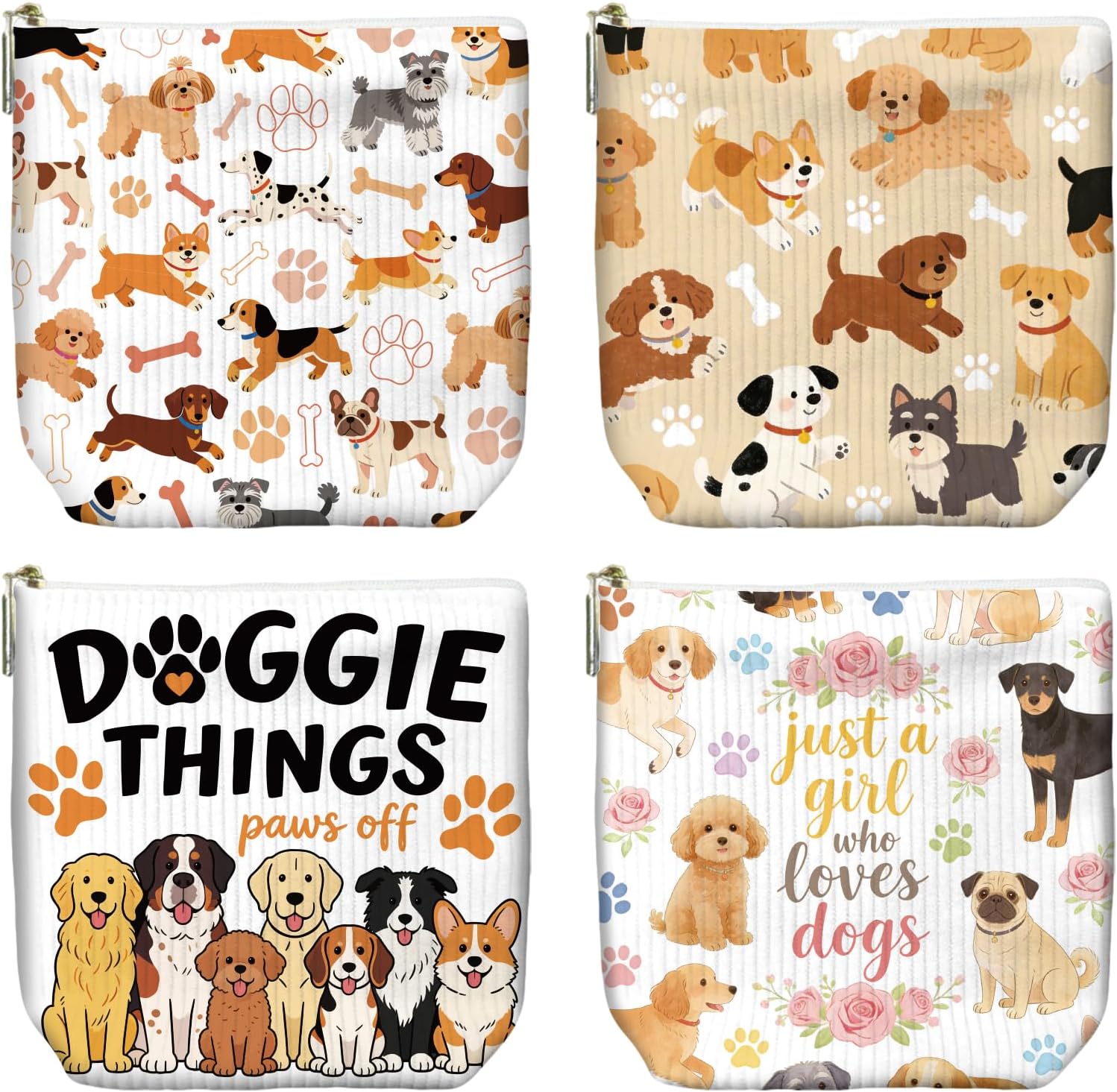 peacoblue Dog Paw Print Makeup Bag, Corduroy Pouches for Purse 4PCS