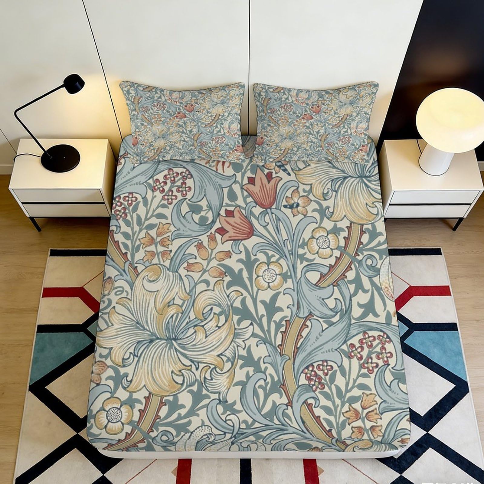 3D Printed Floral Fitted Sheet Microfiber Non-Slip Deep Pocket Floral Mattress Fitted Cover Full Wrap Washable Bedroom Adult Youth 90x200x25cm