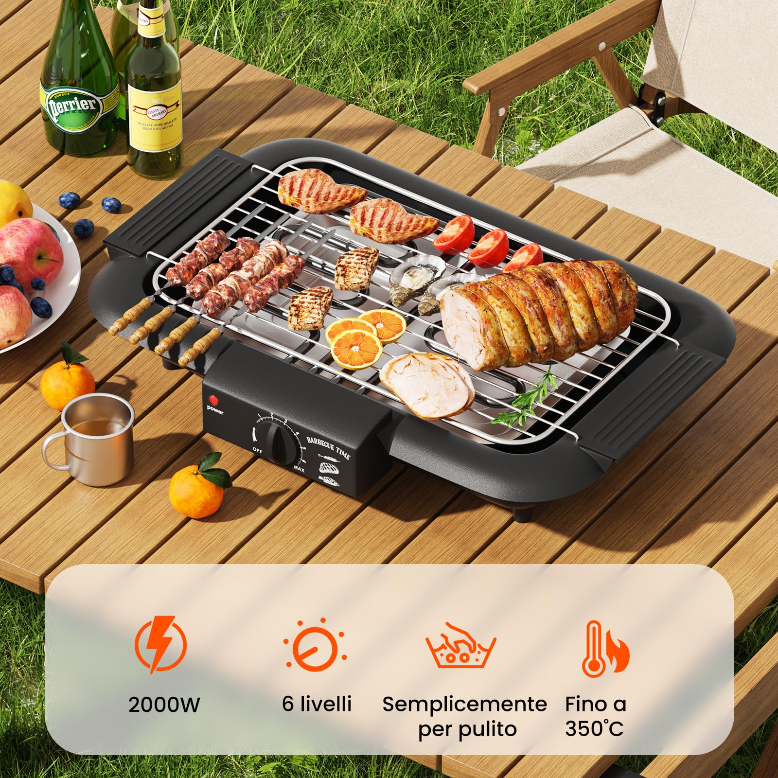 Barbecue elettrico 2000 W antiaderente senza fumo per interni esterni griglia portatile rimovibile doppio tubo nero