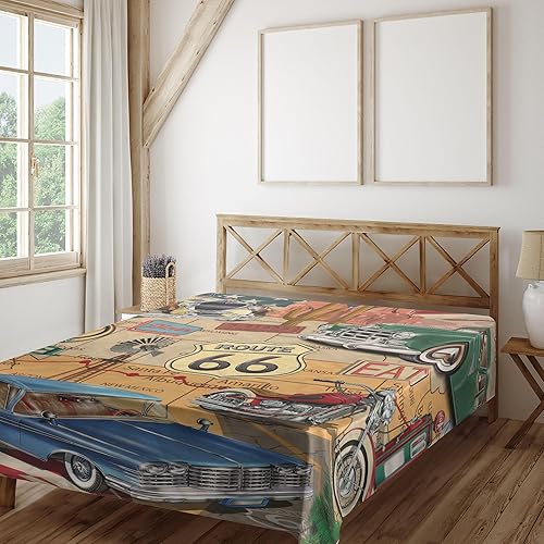 Miniatura 2 de Lunarable Route 66 - Sábana encimera con diseño de autos antiguos, motocicleta en un mapa, viaje por carretera, concepto de Estados Unidos, suave y