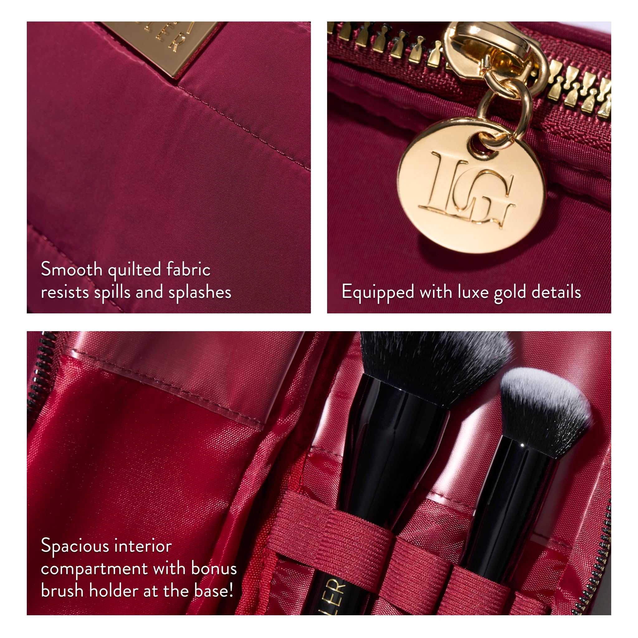 LAURA GELLER Quilted Makeup Bag with Brush Case, Burgundy
