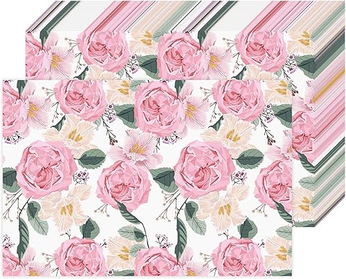 Bayson 50 manteles individuales de papel floral de rosa rosa, desechables, duraderos, tulipanes de primavera, flores, hojas, ideales para fiestas,