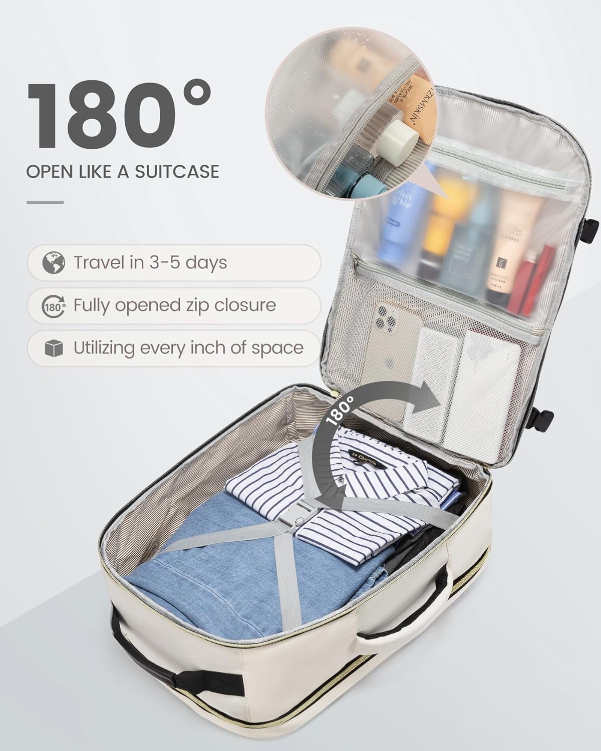 lovevook travel backpack for women & men 40l,airline approved carry on backpack travel essentials,tsa carry on luggage,waterproof personal item travel bag,suitcase with 3 packing cubes,beige-black beige-black large-40l-4pcs