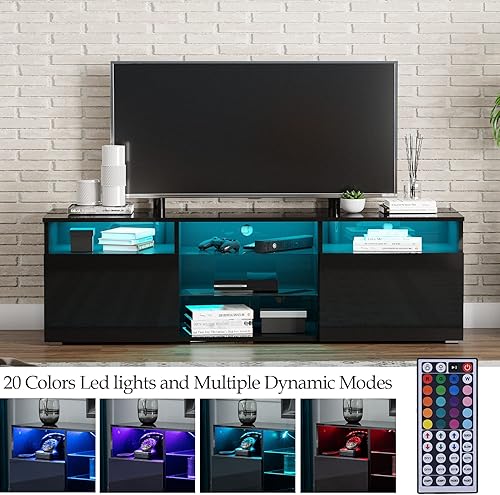 Miniatura 3 de Uspeedy Soporte de TV LED de alto brillo para televisores de 65 pulgadas, moderno centro de entretenimiento con estantes ajustables e iluminación