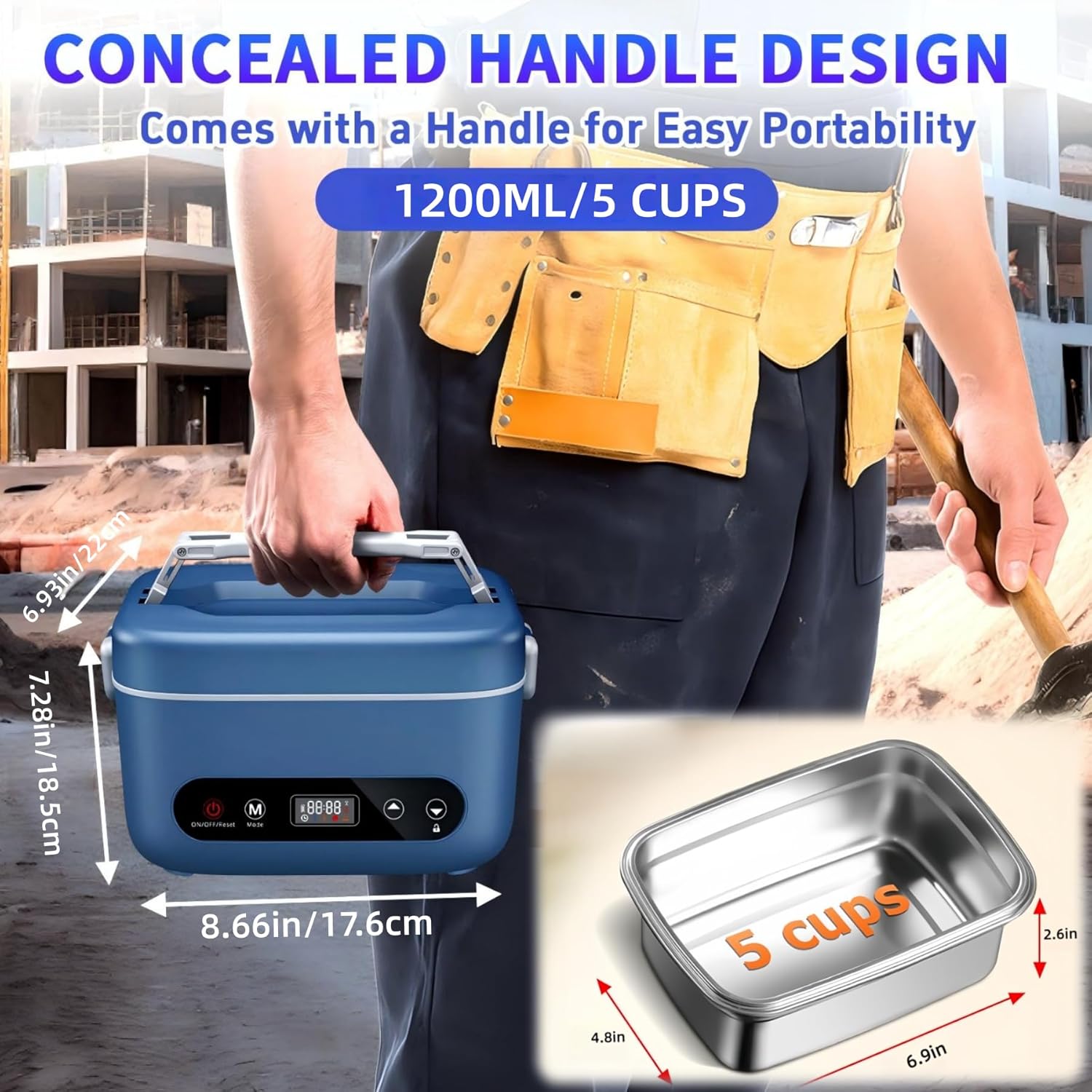 Cordless Electric Lunch Box,24000mAh Battery Powered Self Heating Lunch Box,1.2L Portable Food Warmer With Removable Divider,Insulated Bag & Utensils,For Office & Outdoor Use