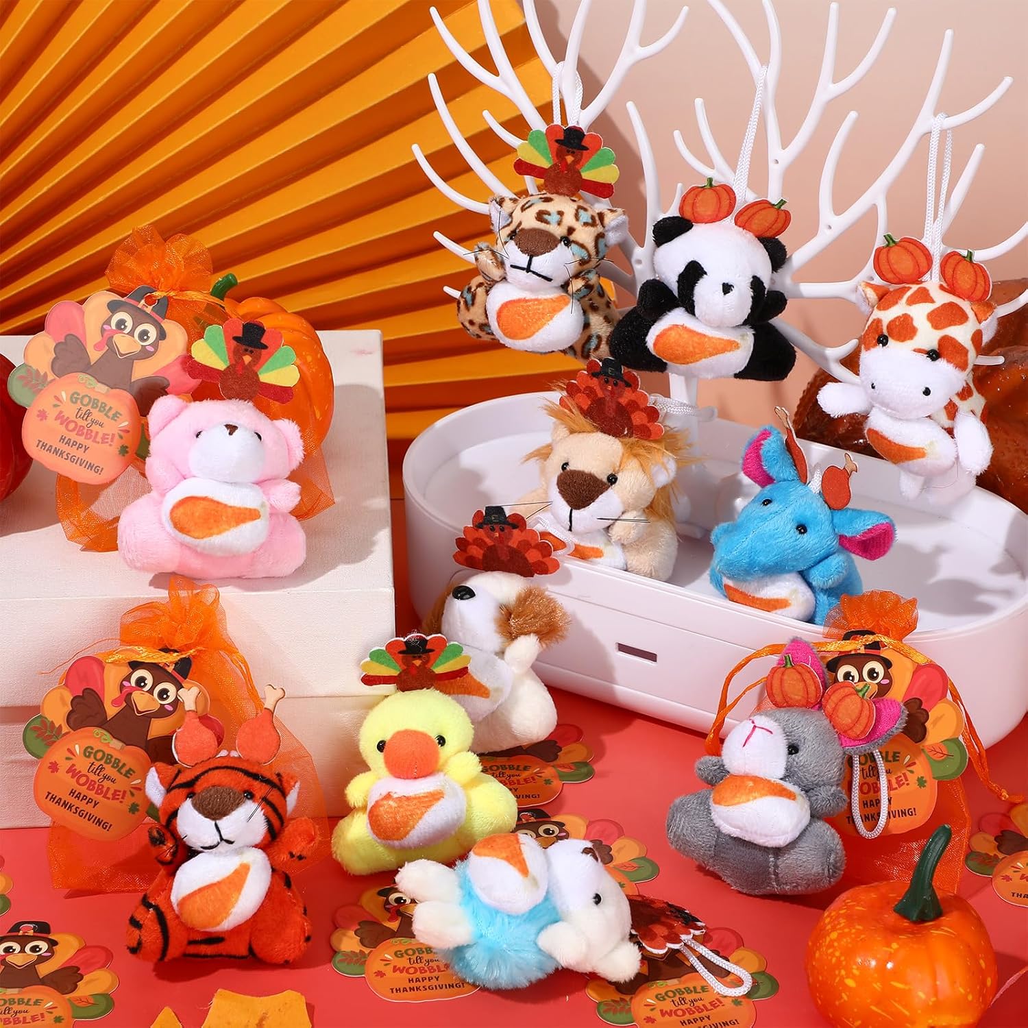 Soulchen 72 Pcs/24 Set Fall Thanksgiving Gifts Mini Stuffed Animals Friendsgiving for Students Autumn Turkey Small Plush Stuffed Toy & Turkey Card and Bags for Classroom Gift Thanksgiving Party Favors