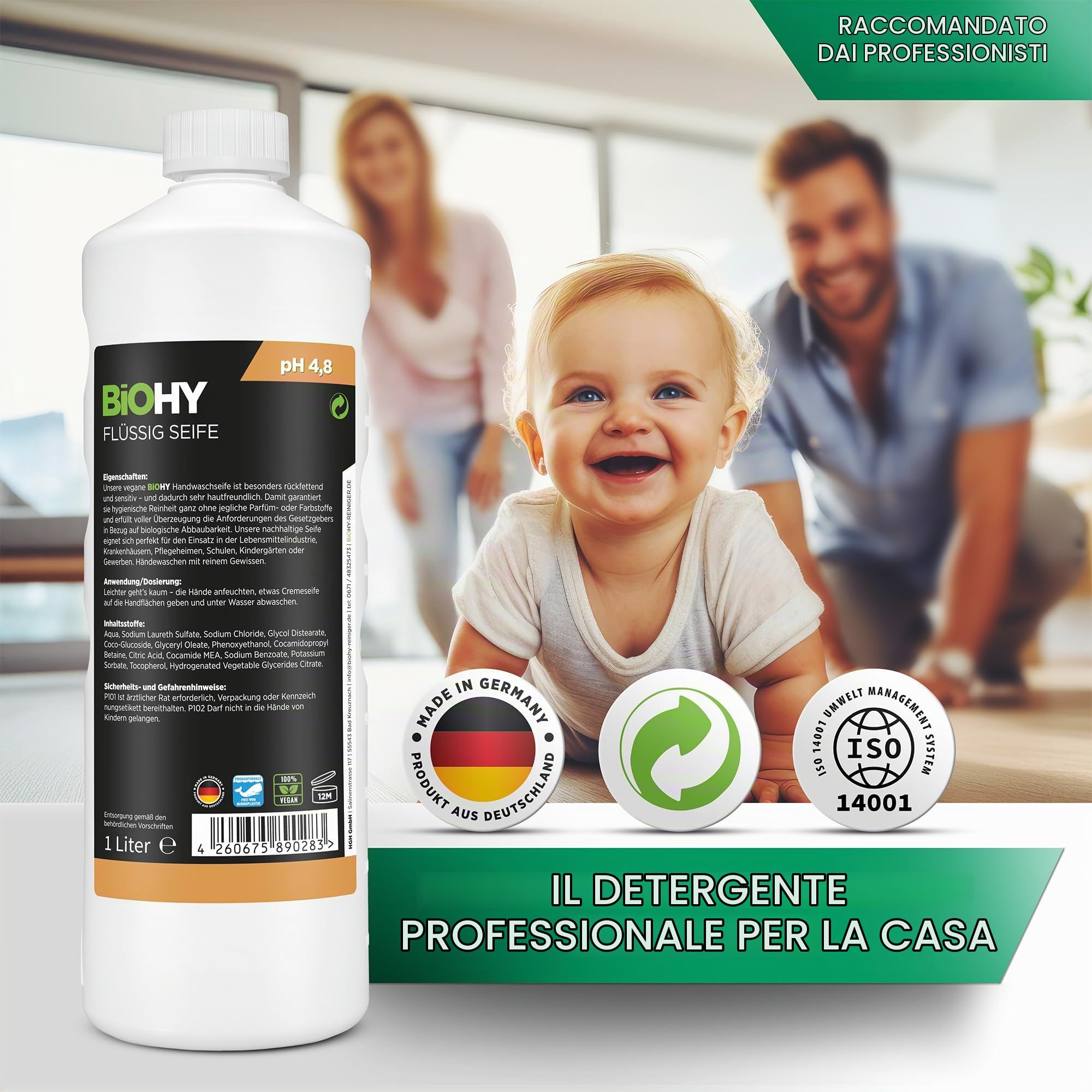 BiOHY Sapone liquido (Lattina da 10 Litri) | Sapone liquido per le mani inodore, delicato sulla pelle e idratante | SENZA FOSFATI | Senza profumo e coloranti | Igiene antibatterica (Flüssig Seife)