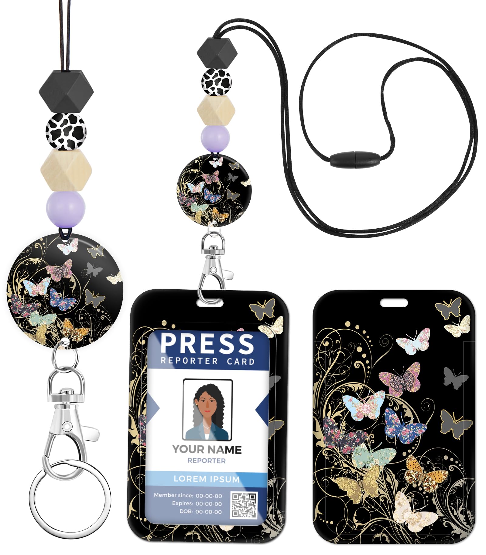 Toykee Teacher Lanyard for ID Badge Card, Colorful Butterflies Men Women Beaded Breakaway Neck Lanyards Name Tag Badges Holder Aesthetic Work Keys Accessories Gift