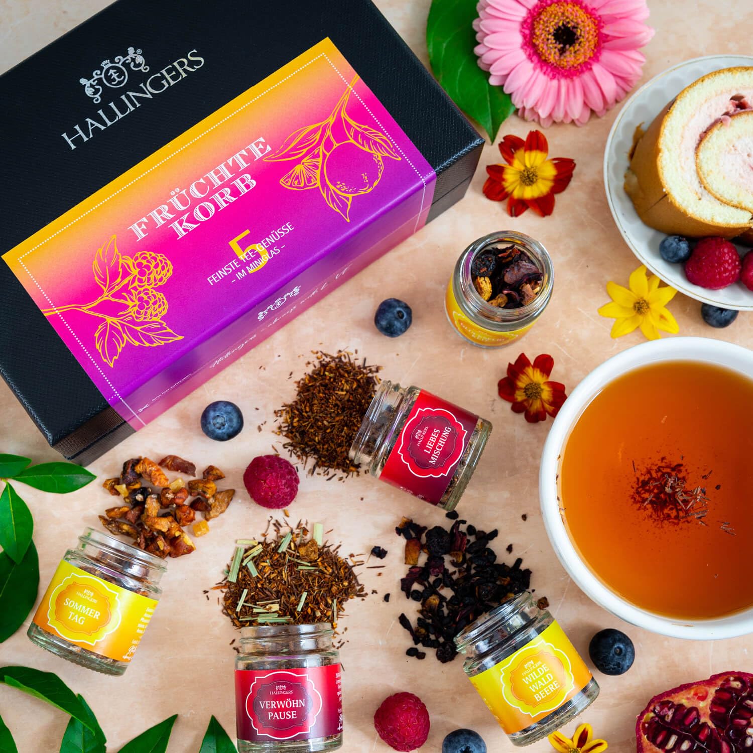 Hallingers Genuss Manufaktur Tee Geschenk-Set - 5 Sorten premium loser Tee Probierset in edler Geschenkbox mit Rezept-Booklet "Früchtekorb", Geschenkidee für Frauen Männer