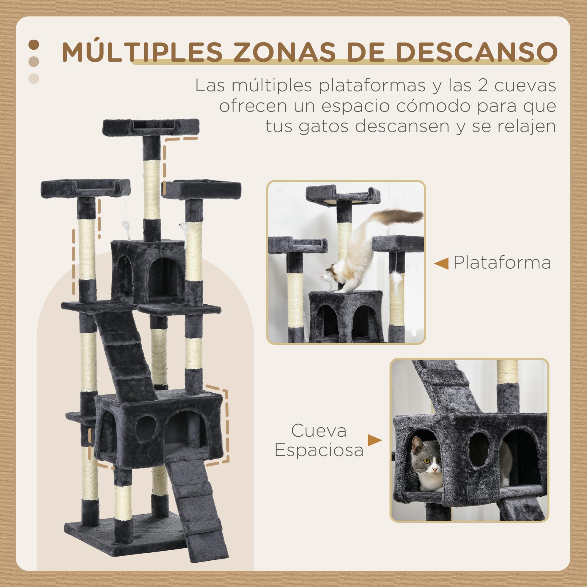 PawHut Árbol Rascador para Gatos Torre Escalador 2 Cuevas 173cm Gris Oscuro | Árbol para Gatos, 3 Camas, 2 Rampas, Postes de Sisal, 2 Ratones Colgantes