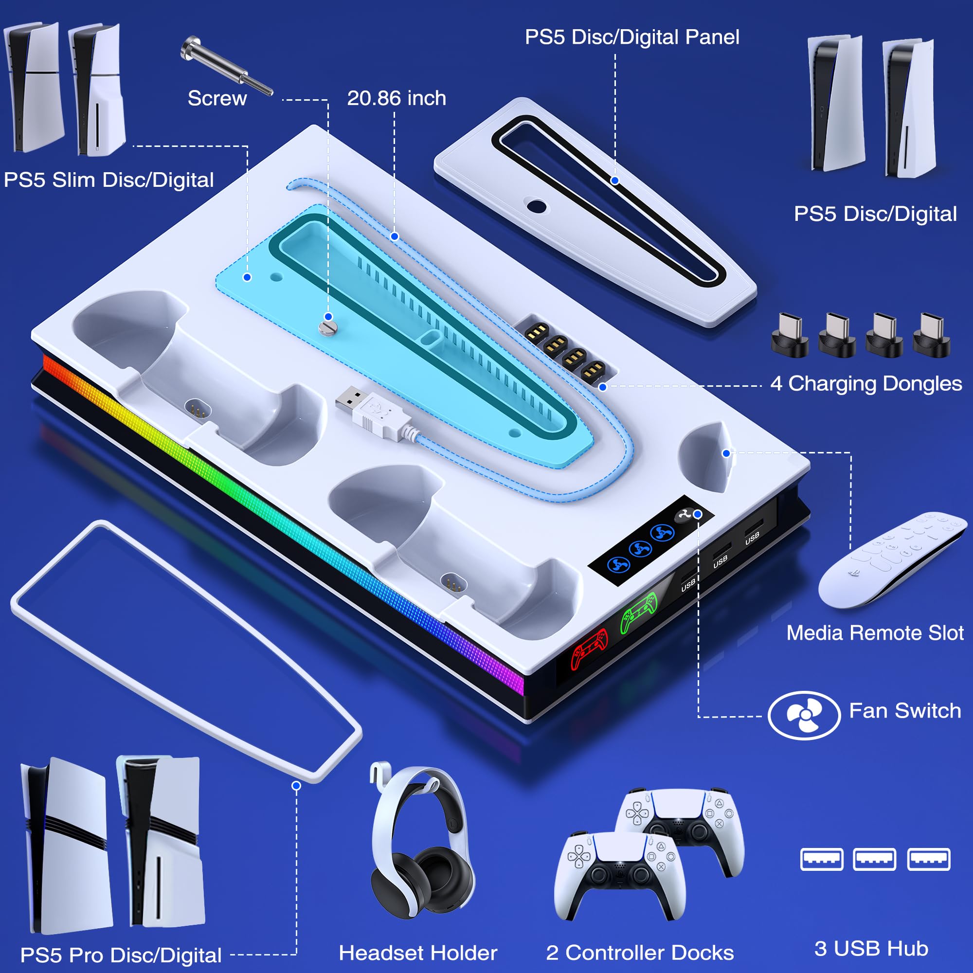 ALEEMTRY PS5 Standfuß für PS5 Slim/PS5 Pro/PS5 Konsole mit LED Licht, PS5 Pro Standfuß mit 3-Stufig Lüfter/2 PS5 Controller Ladestation/4 Typ-C-Adapter/1 Haken, Vertikaler PS5 Ständer