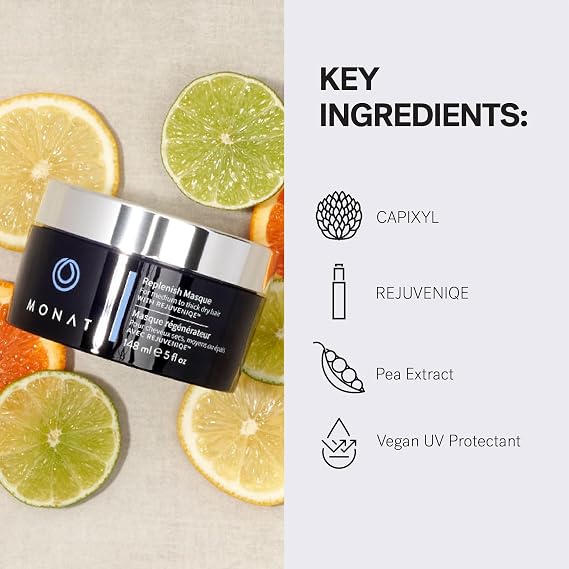 MONAT ReplenishTM Masque Infused with Rejuveniqe - Hair Masque that Deeply Condition Medium to Thick Hair. Hydrating Hair Mask w/Pea Extract & Vegan UV Protectant - Net Wt. 148 ml 5.0 fl. oz.