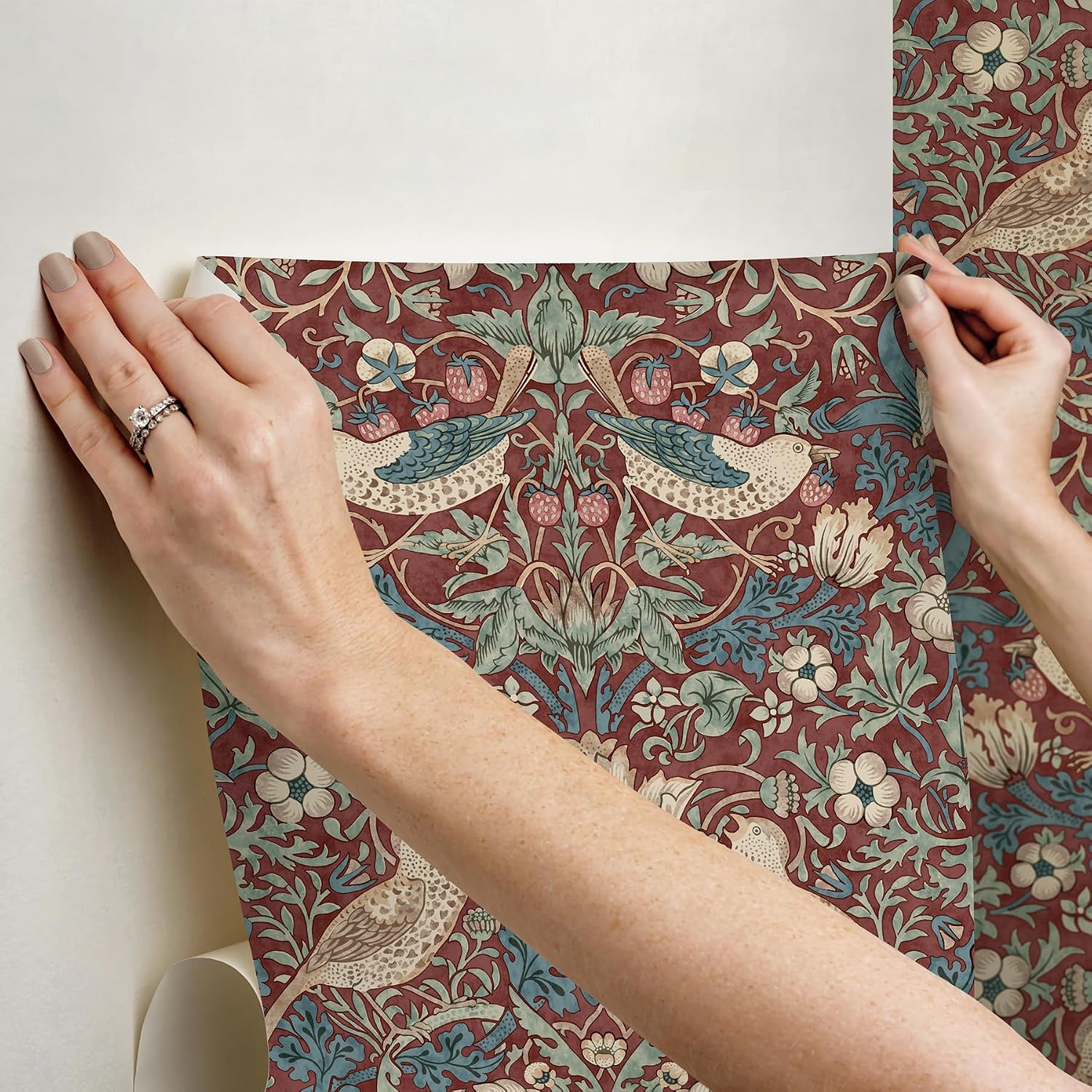 NuWallpaper x Morris & Co. Strawberry Thief Madder Peel and Stick Wallpaper, MCS6614