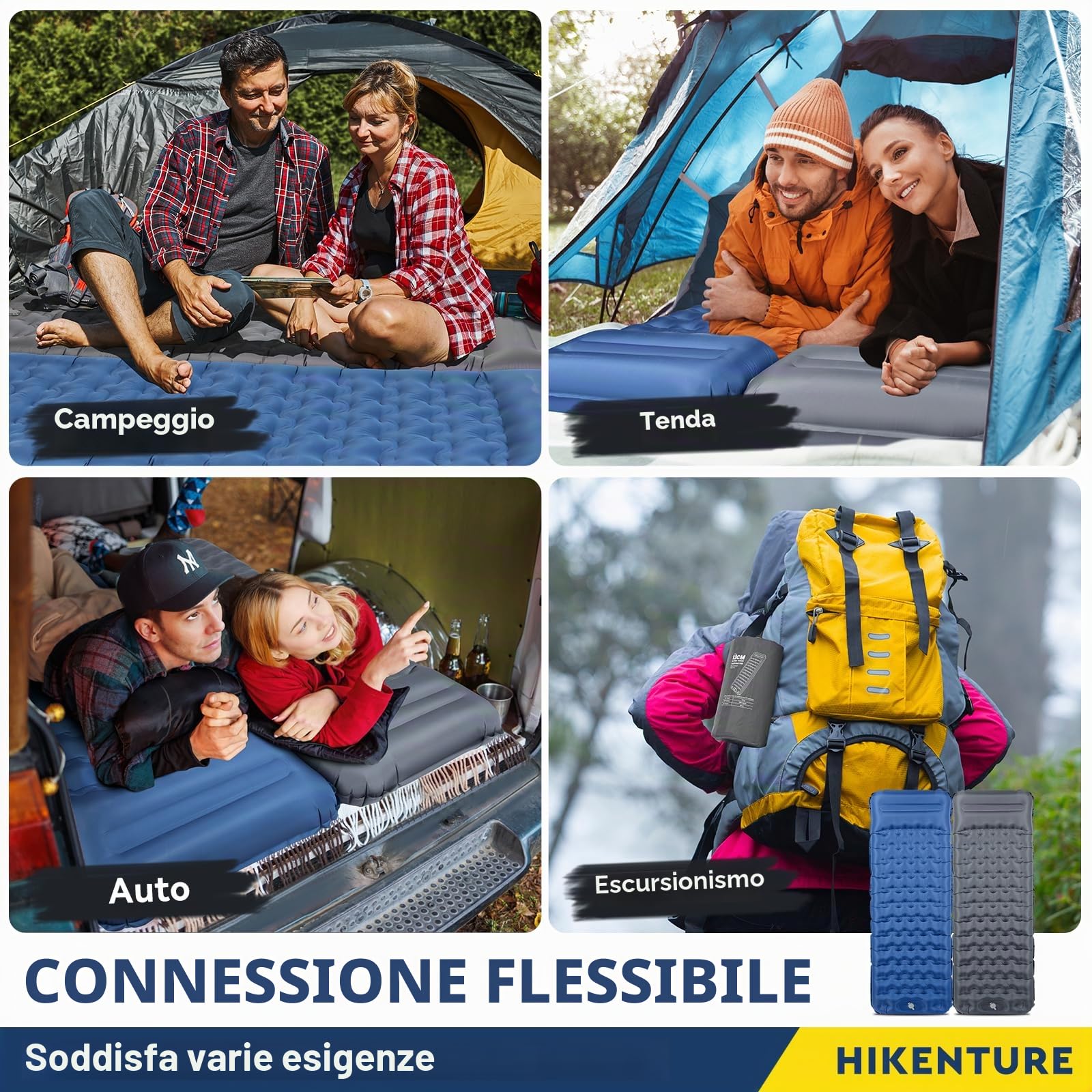 HIKENTURE Materassino autogonfiante, 13 cm, ultra spesso, da campeggio con cuscino, dimensioni ridotte, ultra leggero, con pompa a piedi, per esterni, escursioni, tenda – grigio