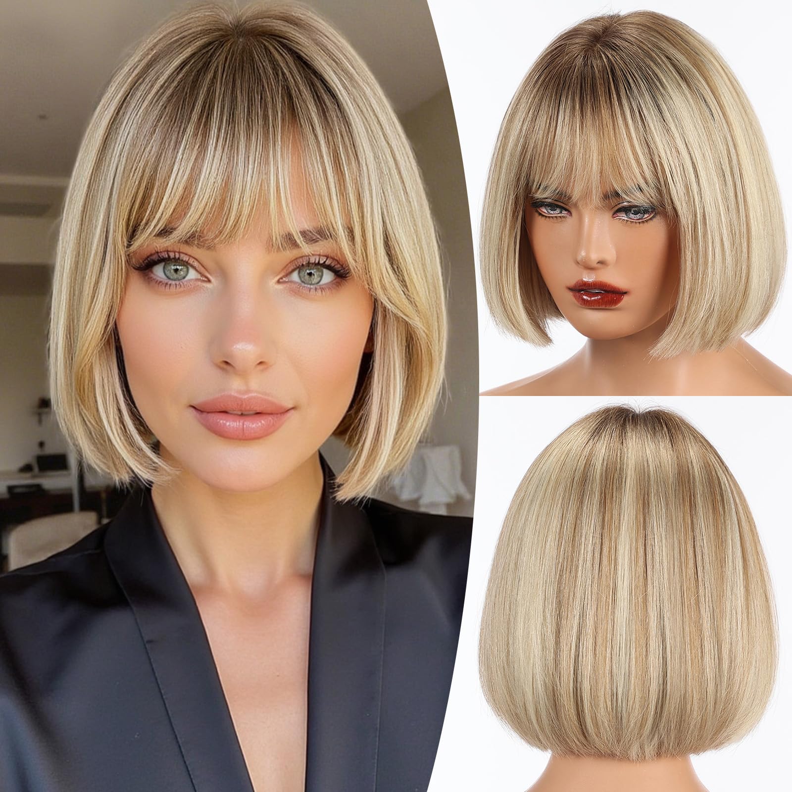 Shoulder Length Human Hair Wig Layered Lightweight Breathable Everyday Wear KOME Ombre Blonde Synthetic Lace Front Wig, Shoulder Length  main image 2