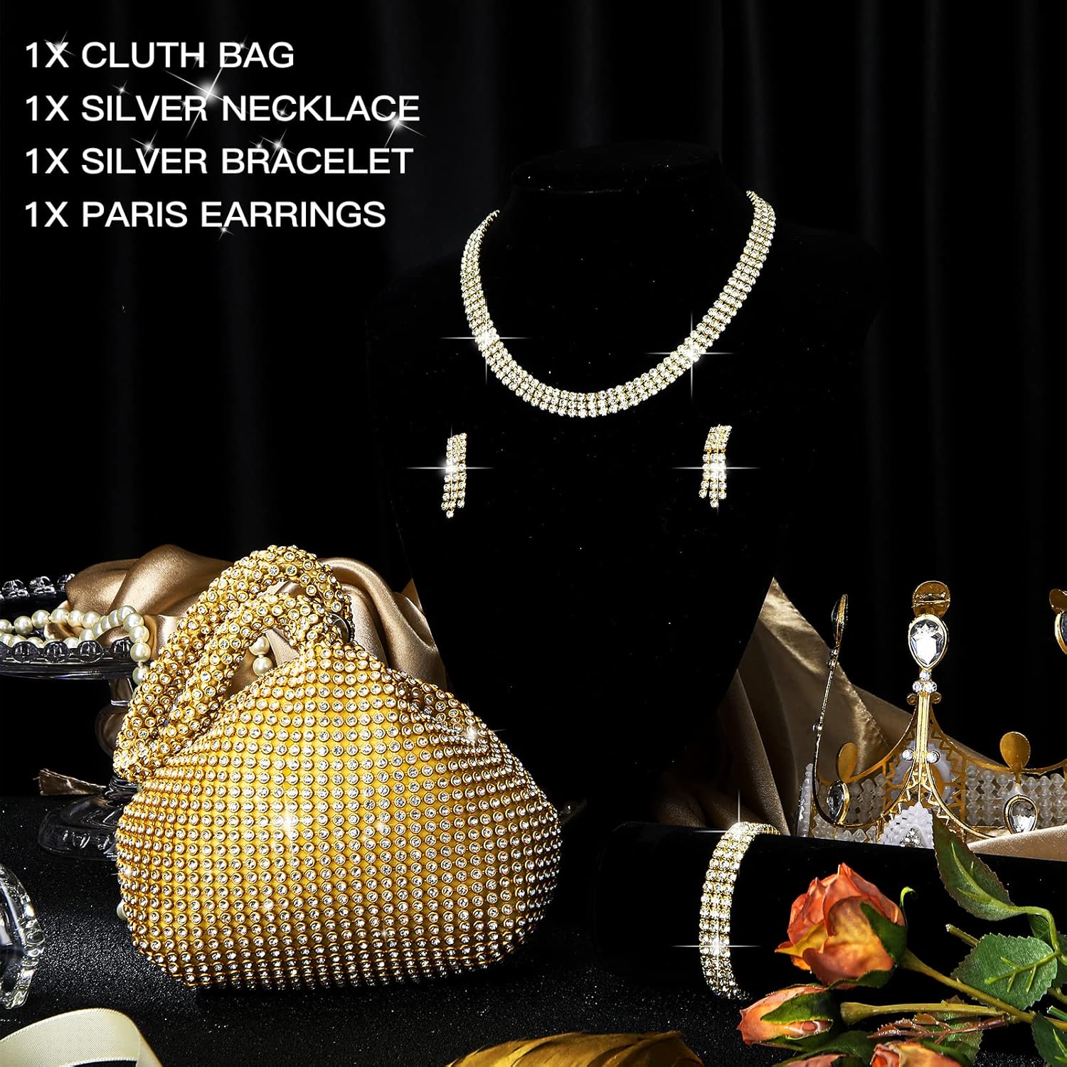 Mixweer 4 Pieces Clutch Purses Bag for Women Evening Rhinestone Jewelry Set Bling Necklace Earrings Bracelets Set for Wedding (Delicate Style) - Image 7