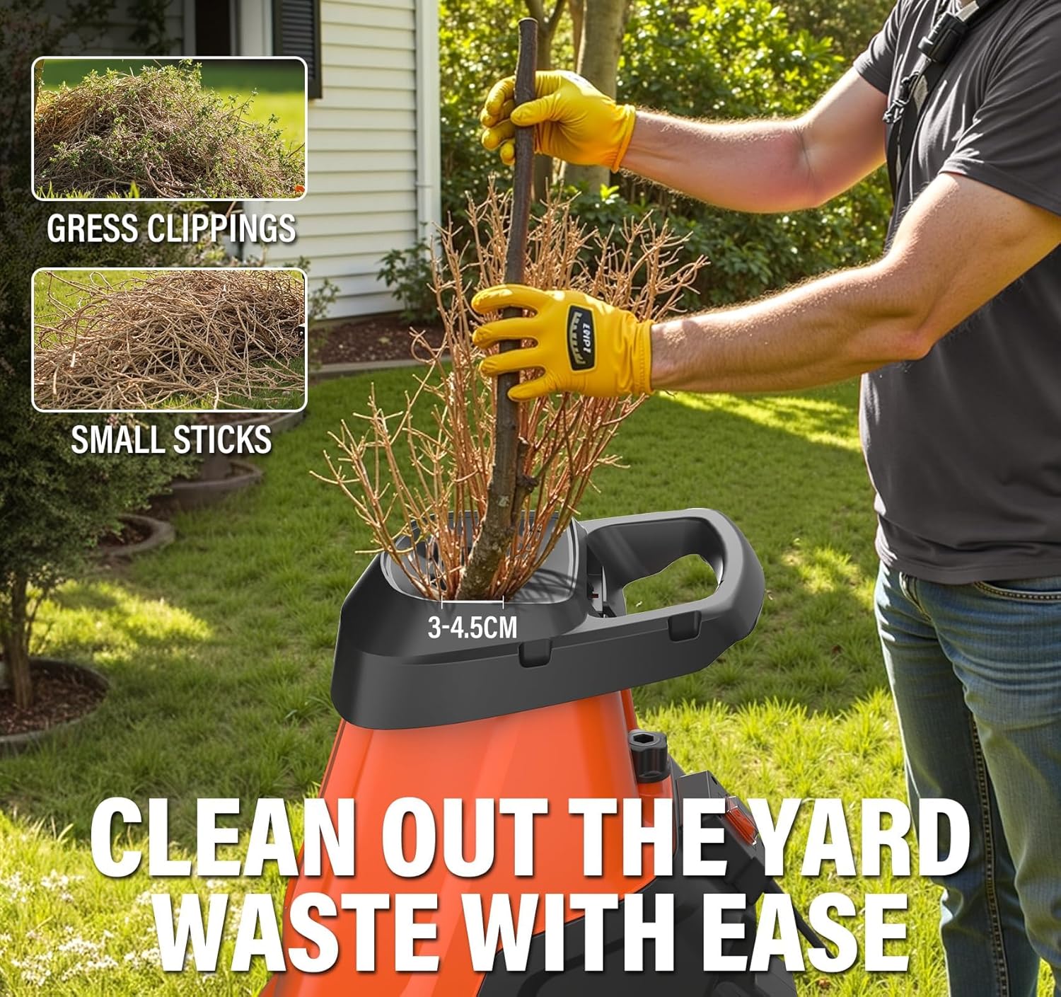 Close-up of MAXLANDER Electric Wood Chipper Shredder feeding chute with various yard waste types