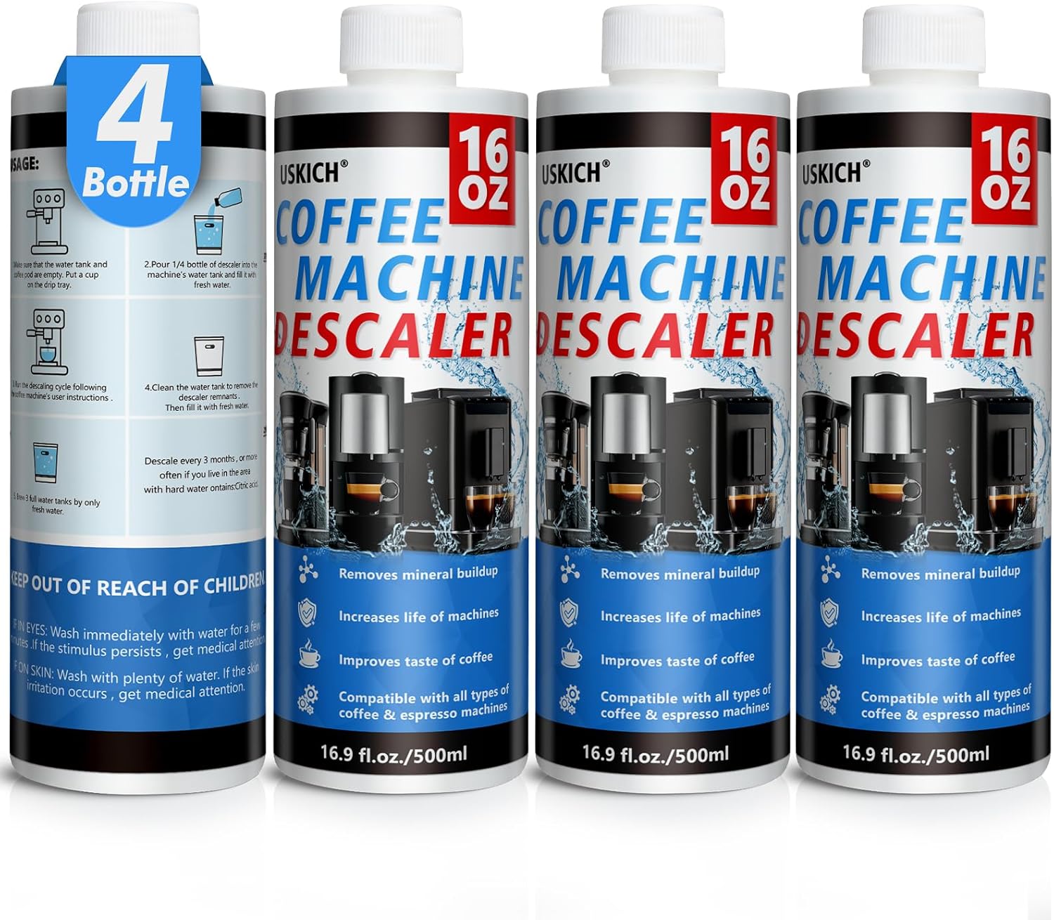 4 Pack Coffee Machine Descaler Cleaner -16 Uses,Descaling Solution for Nespresso Breville Keurig Jura &Delonghi – Coffee Machine Cleaners For All Coffee Makers & Espresso Machines,Glass Pot Cleaner