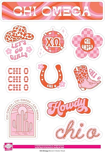 Miniatura 5 de Chi Omega - Hoja de calcomanías de vinilo de diseño occidental con diseños oficiales, adhesivo extraíble, 10 calcomanías por hoja, por Sorority Shop