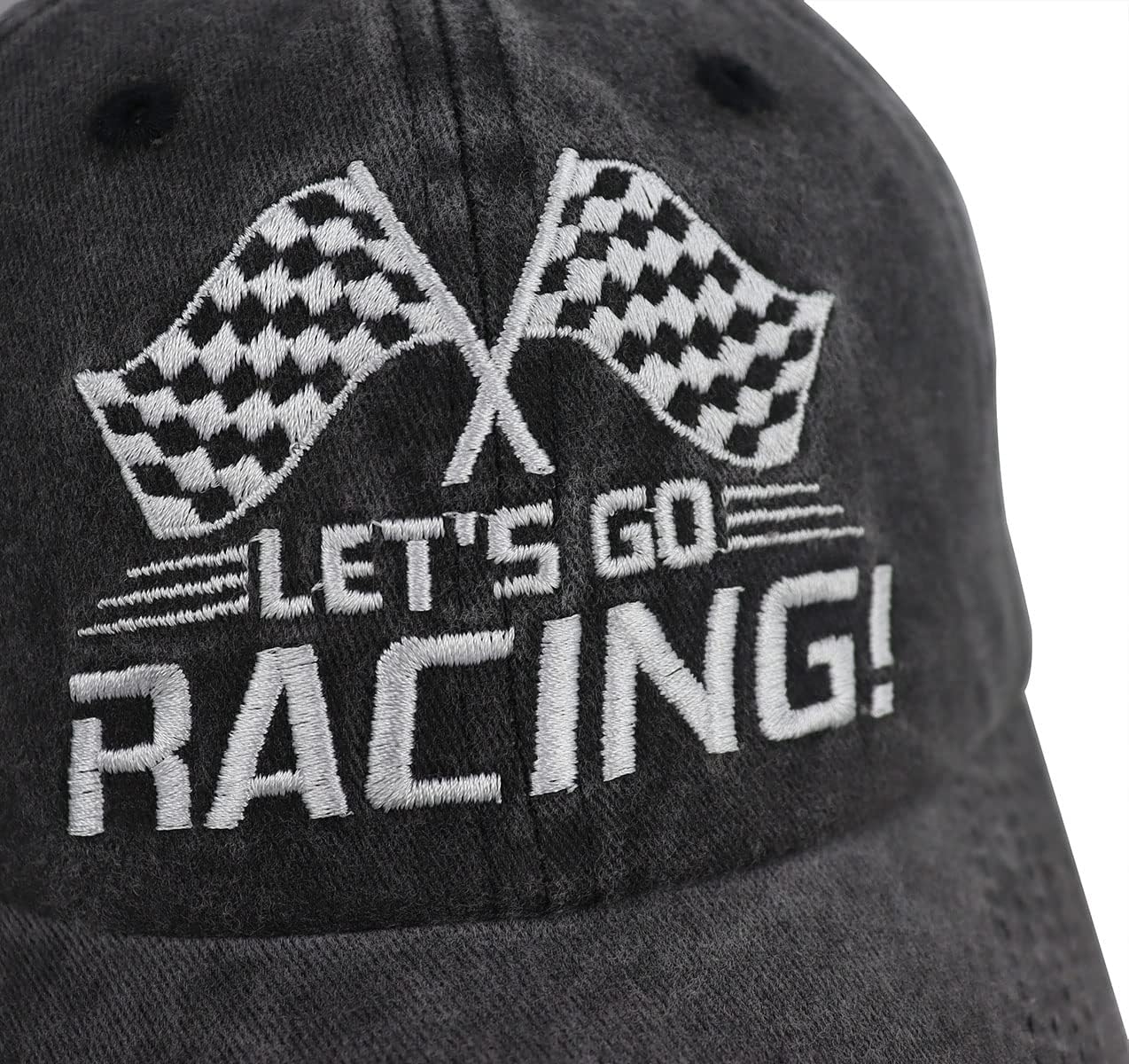 Let's Go Racing Hat for Men Women, Adjustable Embroidered Washed Cotton Checkered Flags Race Car Baseball Cap - Image 3