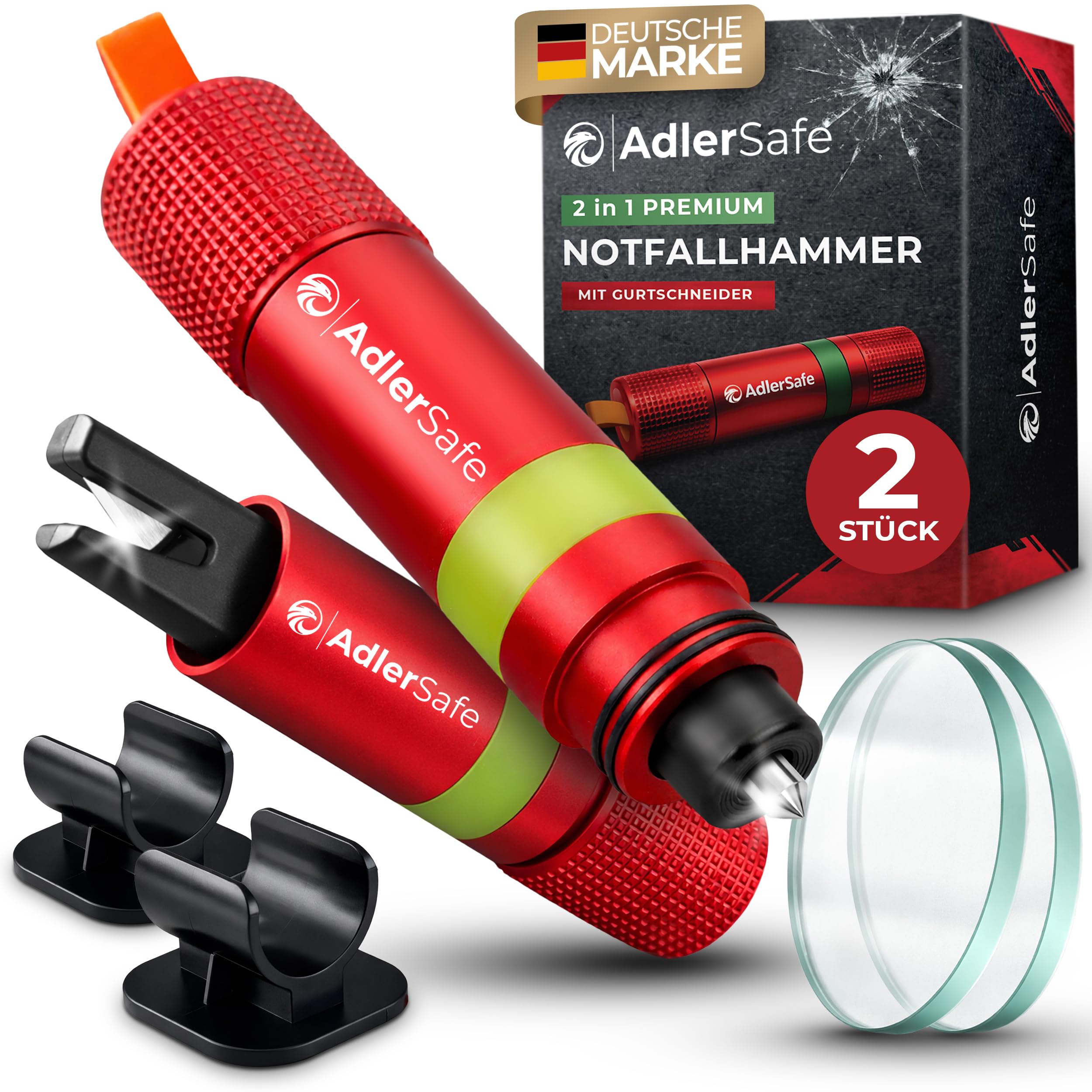 Notfallhammer Auto mit Gurtschneider - Nothammer - Federkörner Glasbrecher zum Lebenretten - Rettungswerkzeug Notfallset für Scheiben - Sicherheitshammer für Unfälle