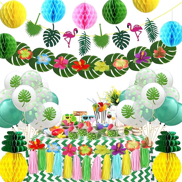 YNOUU 109 Pcs Tropical Hawaiian Party Decoration Set, Tropical Leaves Flamingo Banner, Hawaiian Latex Balloons for Jungle Beach Pool Theme Summer Birthday Baby Shower Party Supplies
