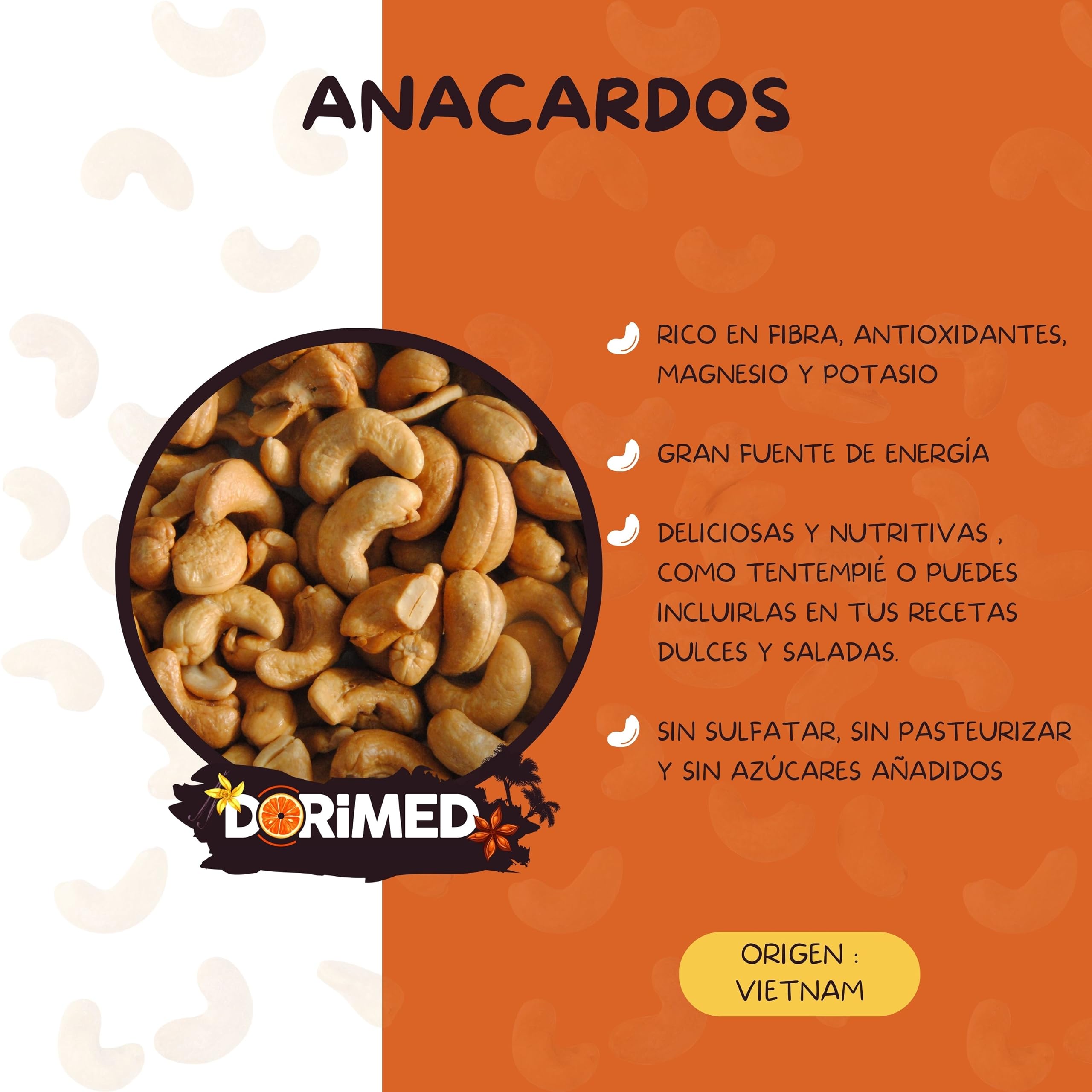 Anacardos Enteros Tostados | 1 Kg de Piezas de Frutos Secos de Origen Natural | Nuez Sin Cáscara | Sin Sal | Cashews nuts | Dieta vegana y vegetariana | Dorimed