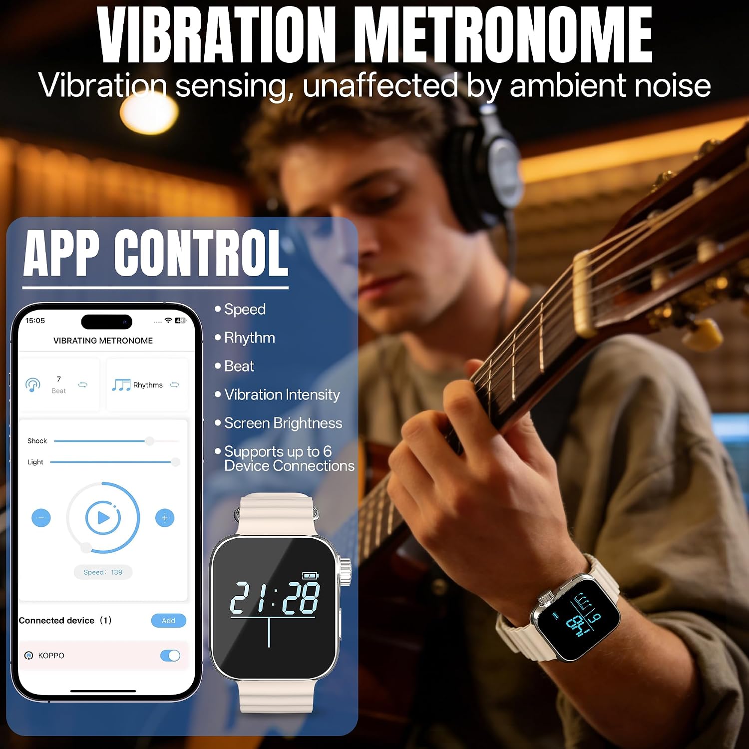 AKLOT Vibrating Metronome Watch, App-Adjustable Pulse Metronomes (Instrument/Sports/24-Hour Time), Wrist Metronome for Drum/Guitar Practice, Vibration Beat to Avoid Sound Disturbance (White)