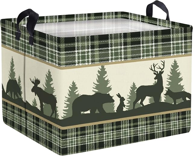 Clastyle Waterproof Green British Forest Deer Bear Storage Baskets for Toys Clothes Bedroom, 15.7x11.8x11.8 in