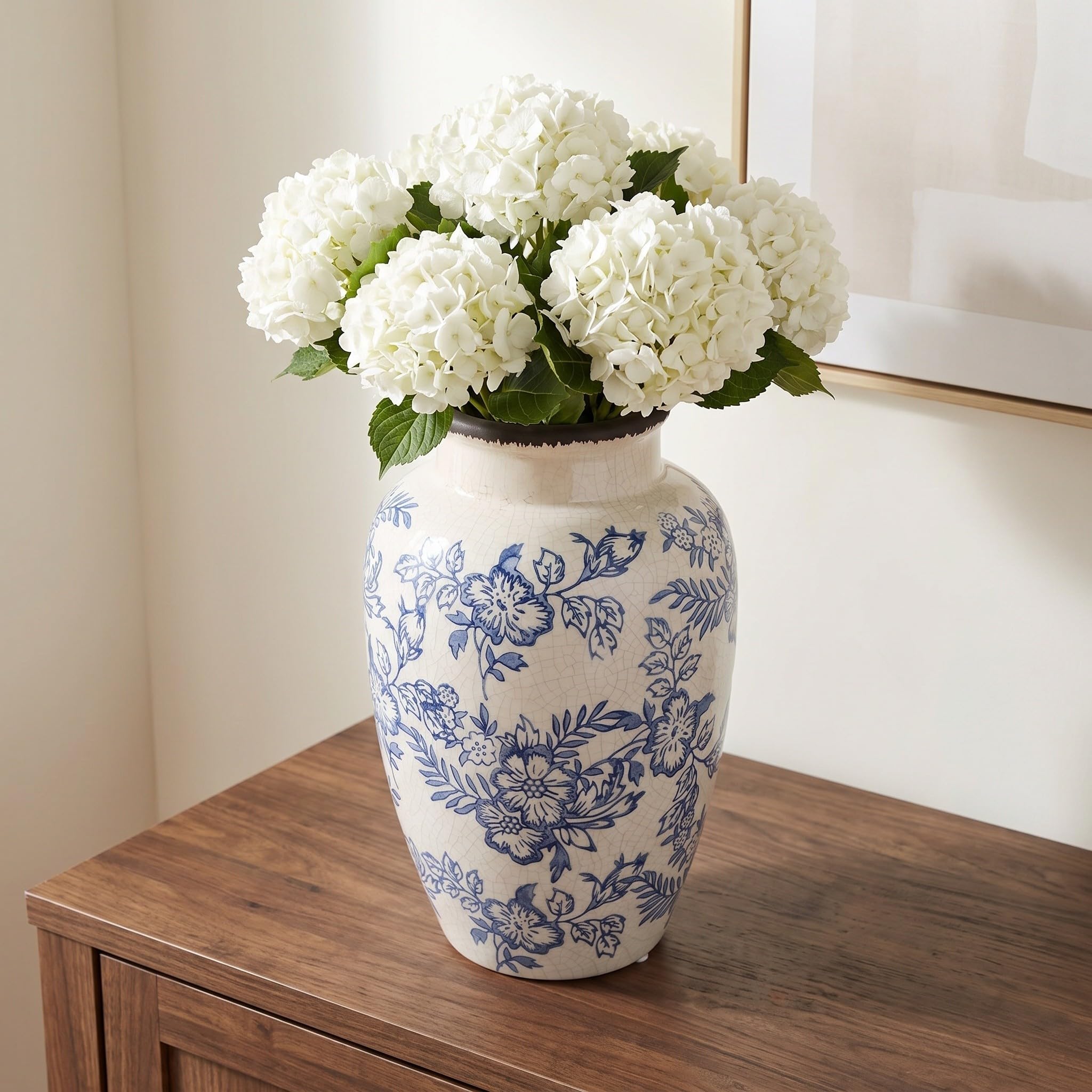 Cabilock Vintage Keramikvase im Chinoiserie Stil für Zweige | Keramik, Weiß-blaues Crackle Finish, Niedriger Schwerpunkt und Stabil, für Trockenblumen im Regal