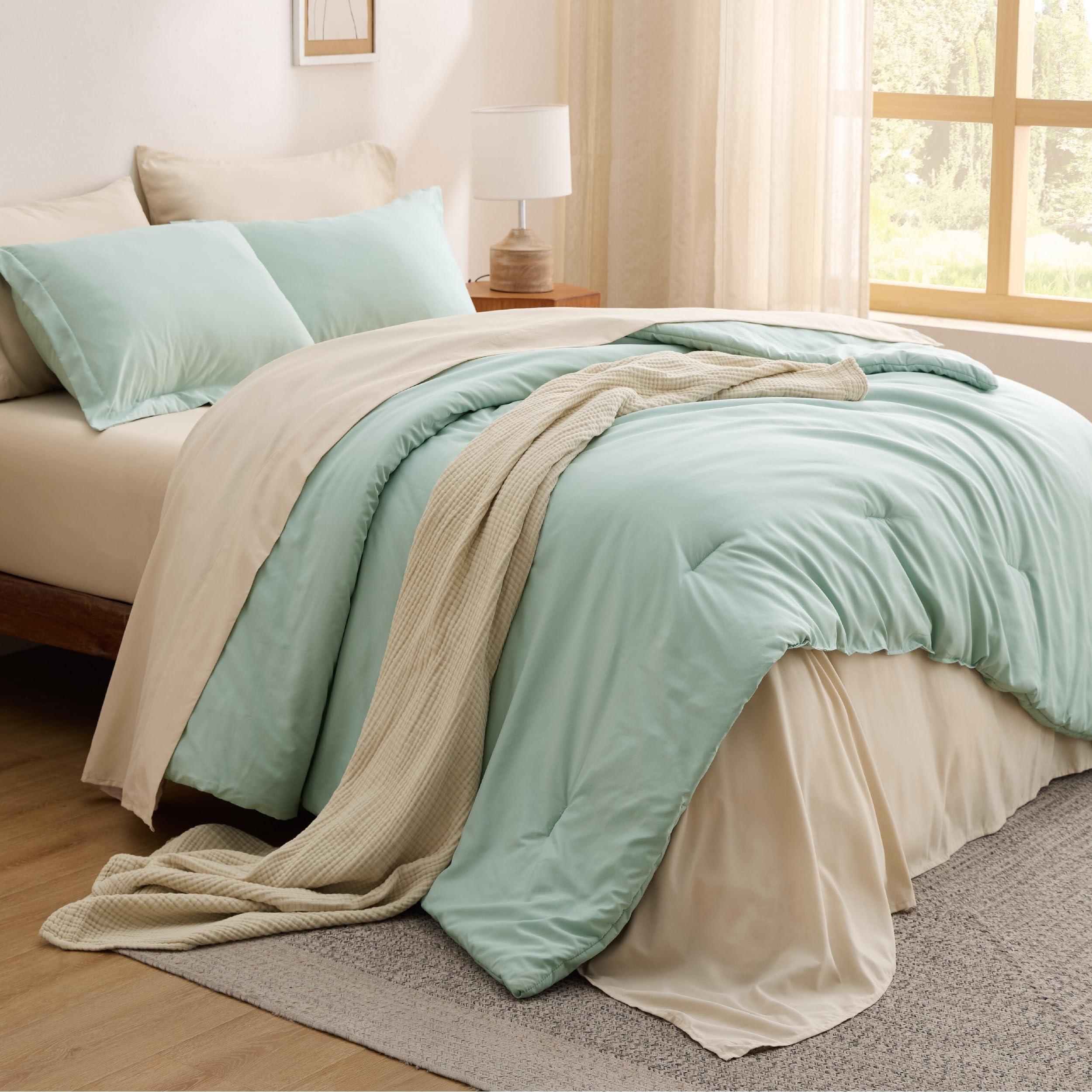 Queen Comforter Set - 7 Pieces Sage Green Queen Bedding Set for All Seasons, Boho Contrasting Design Bed in a Bag with Comforter, Sheets, Pillowcases & Shams