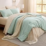 Queen Comforter Set - 7 Pieces Sage Green Queen Bedding Set for All Seasons, Boho Contrasting Design Bed in a Bag with Comforter, Sheets, Pillowcases & Shams