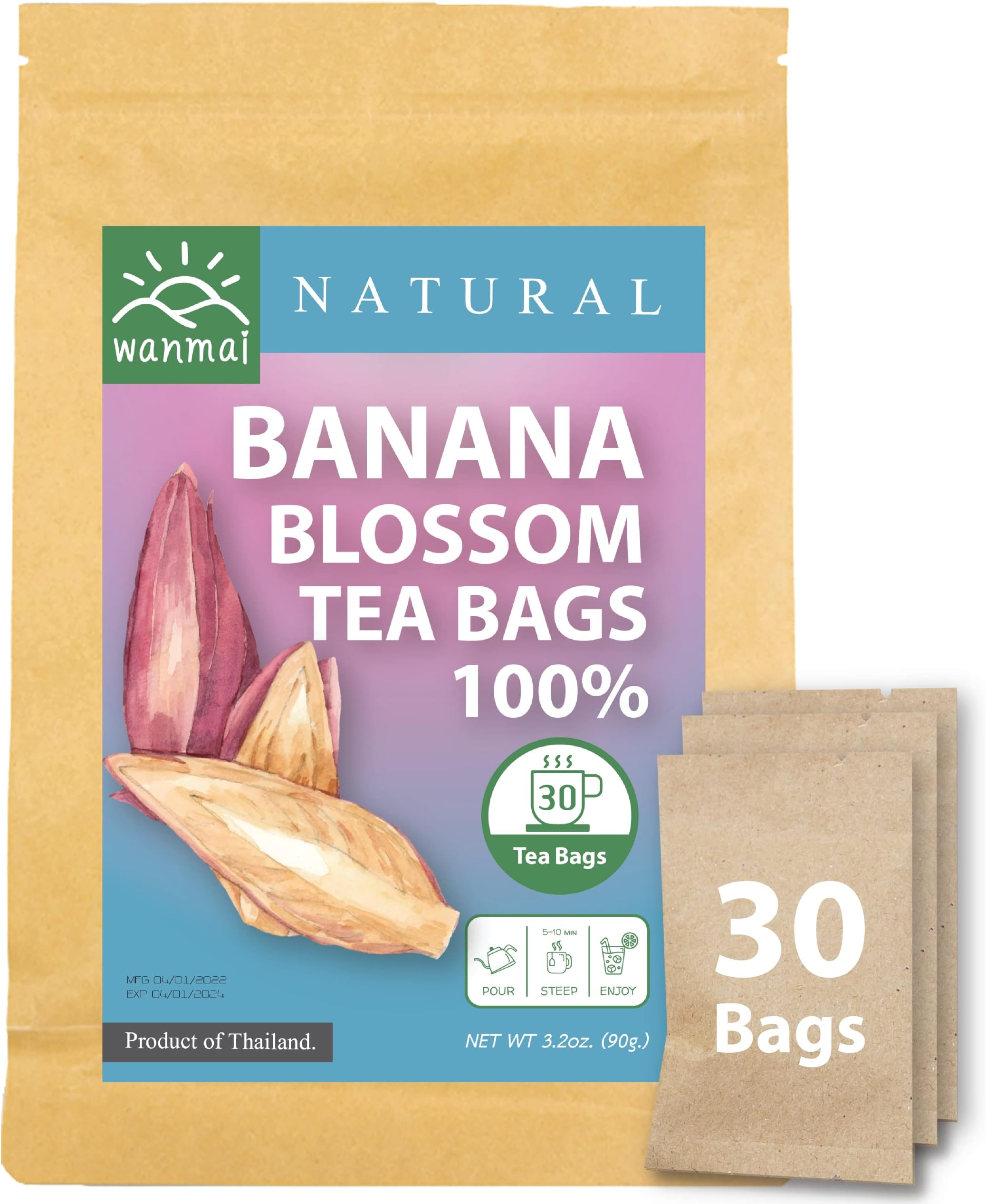 WANMAI29Banana blossom Tea Bags, 30-Count, Natural Sugar Free Drink, Supports Vegan and Ketogenic Diets, No Caffeine or Harsh Additives, 100% Real Herb in Kraft Steeping Bag