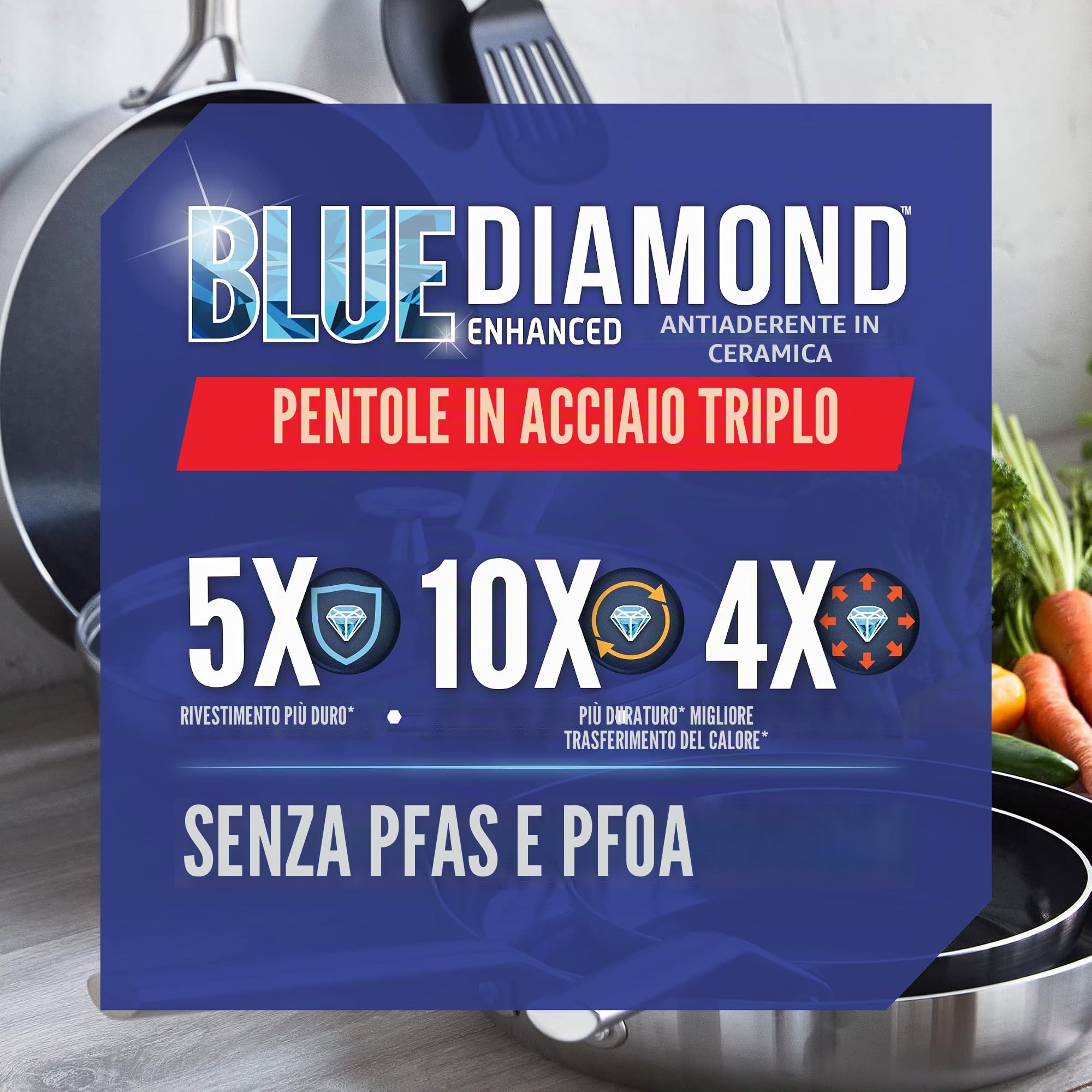 Blue Diamond Cookware Triple Steel Set Di Pentole Antiaderente in Acciaio Inox in Ceramica Rinforzata con Diamanti,11 Pezzi,Include Padella,Senza PFAS,Multistrato,Induzione,Forno,Lavastoviglie,Argento