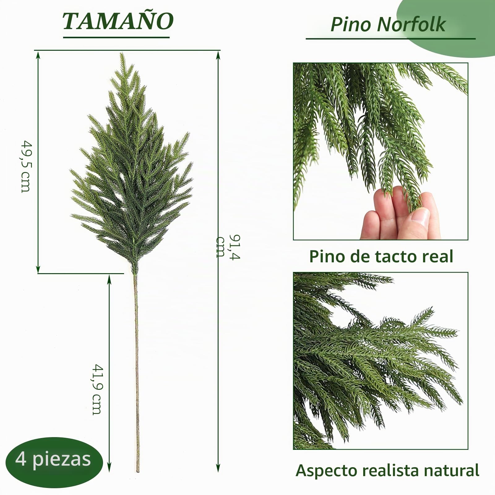 FOTEEWL Real Touch Norfolk - Rama de Pino Artificial de 36 Pulgadas, Ramas de Plantas Verdes Artificiales de Navidad, Tallo de vegetación sintética, púas de Pino para Manualidades, Guirnalda, Navidad
