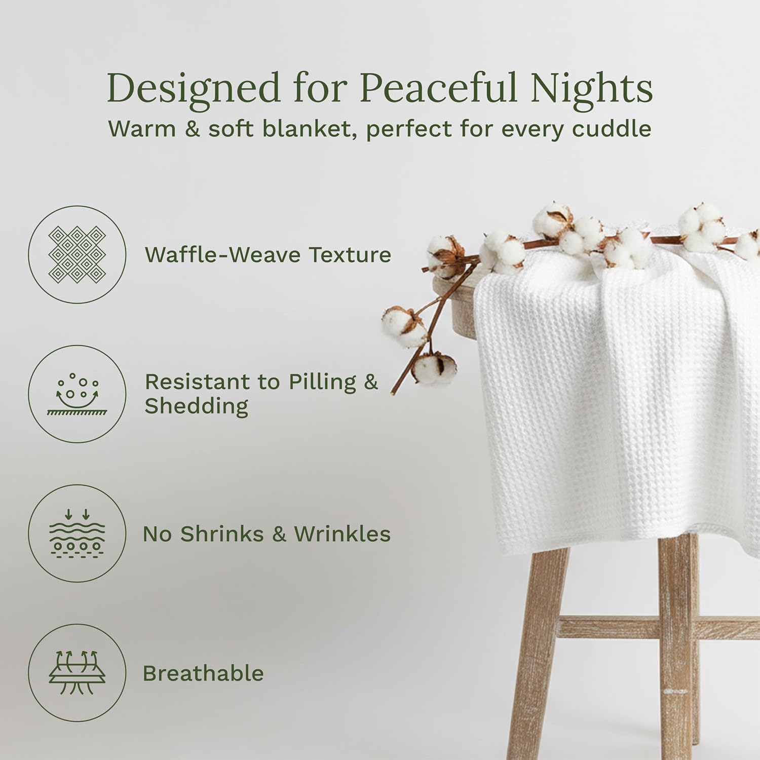 Organic Cotton White Queen Blanket - Waffle Weave, 100% Cotton, All-Season, Breathable, Premium, Lightweight Cotton Queen Blanket fits Full Beds - 92”x92” (White - Queen/Full)