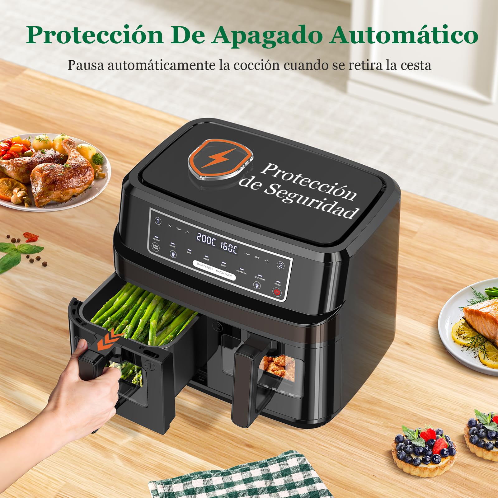 Freidora de Aire Doble Zona | 10L Freidora Aire Control Independiente Temperatura, 8-en-1 Freidora Sin Aceite con Ventana Observación Control Táctil máx 200℃, Air Fryer Grande 2600W Luz Incorporada