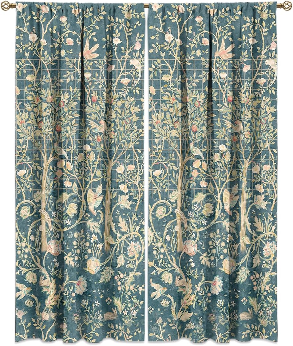 Watercolor Retro William Morris Floral Curtains for Bedroom-Rustic Boho Spring Garden Leaves Bird Flowers Window Drapes,Energy Saving Blackout Rod Pocket Curtains 54L x 21W 2 Panels