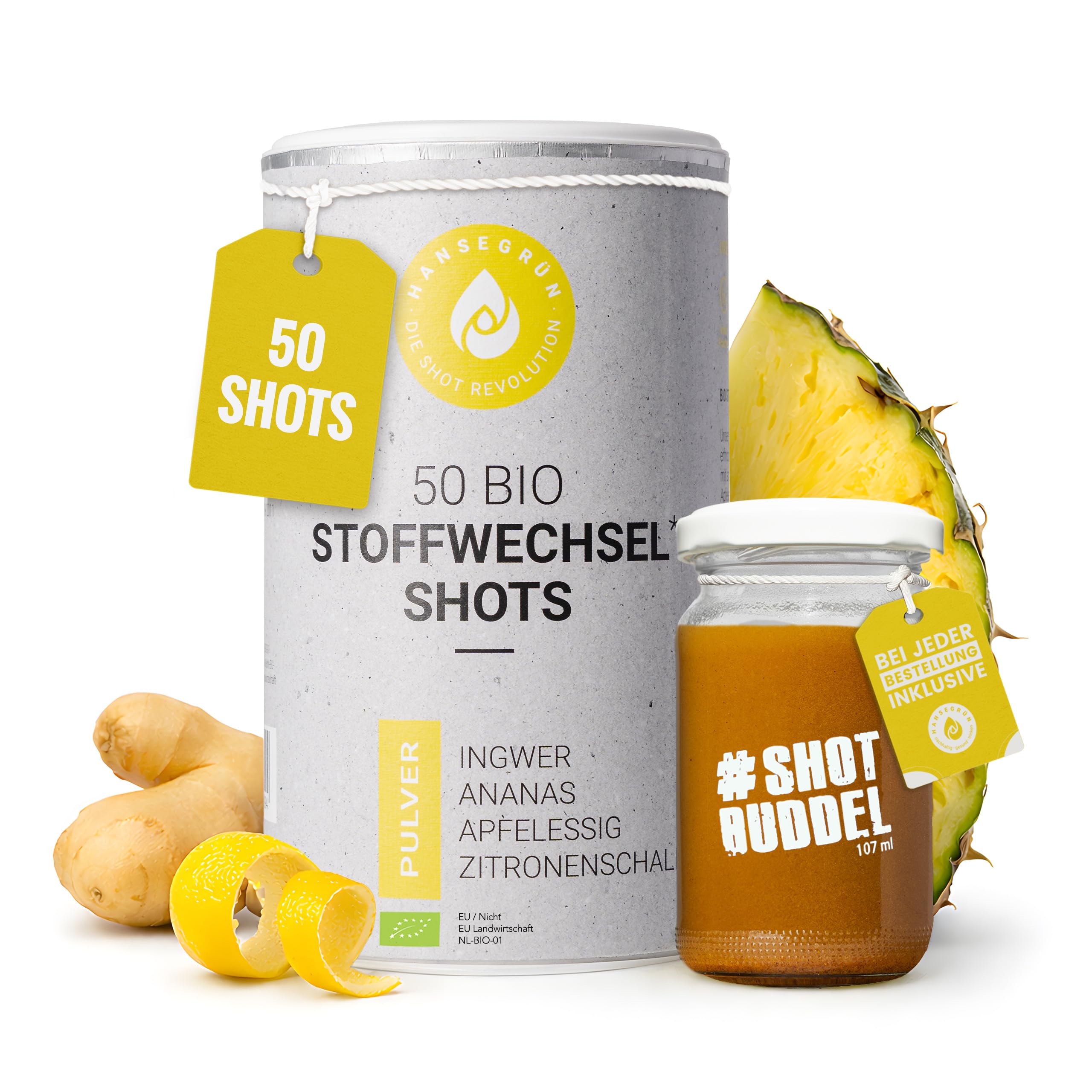 Hansegrün - Bio 3in1 Stoffwechsel³ Shots (50 Stk.) - Superfood-Pulver für Immungsystem¹ & Stoffwechsel³ - Ingwer, Ananas, Apfelessig & Zitronenschale - 100% echte Zutaten zur täglichen Zubereitung