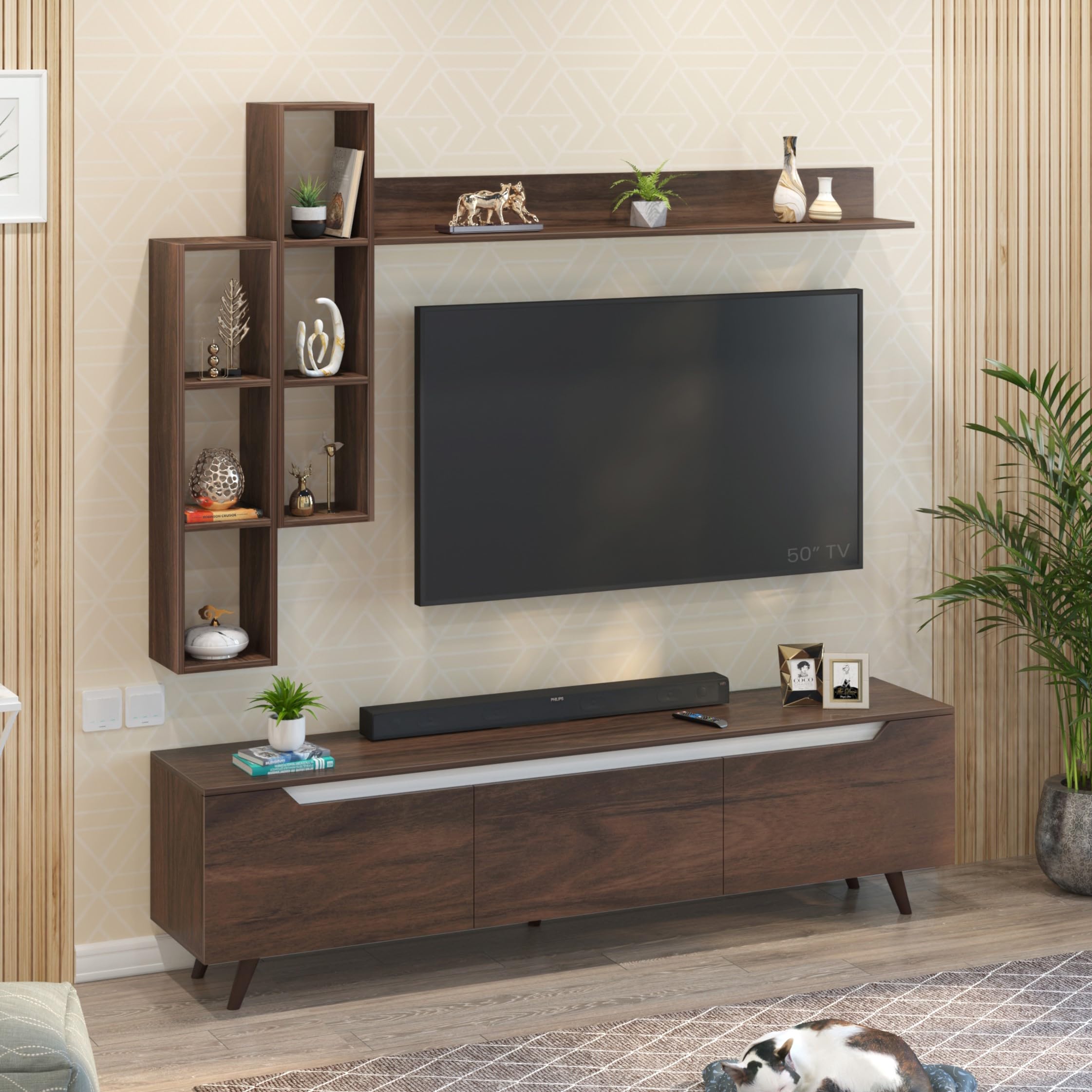BLUEWUD Blesky Miltra TV Entertainment Unit Set Top Box Stand with TV Cabinet Panel & Wall Shelves for Books & Décor Display Unit Bookshelf Wall Shelf TV Combo for Living Room (Brown Maple)