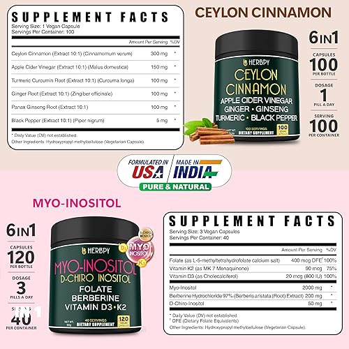 Miniatura 2 de Paquete de suplementos de canela de Ceilán 6 en 1 de primera calidad, 100 unidades y suplemento de mio-inositol 6 en 1 y D-Chiro inositol para